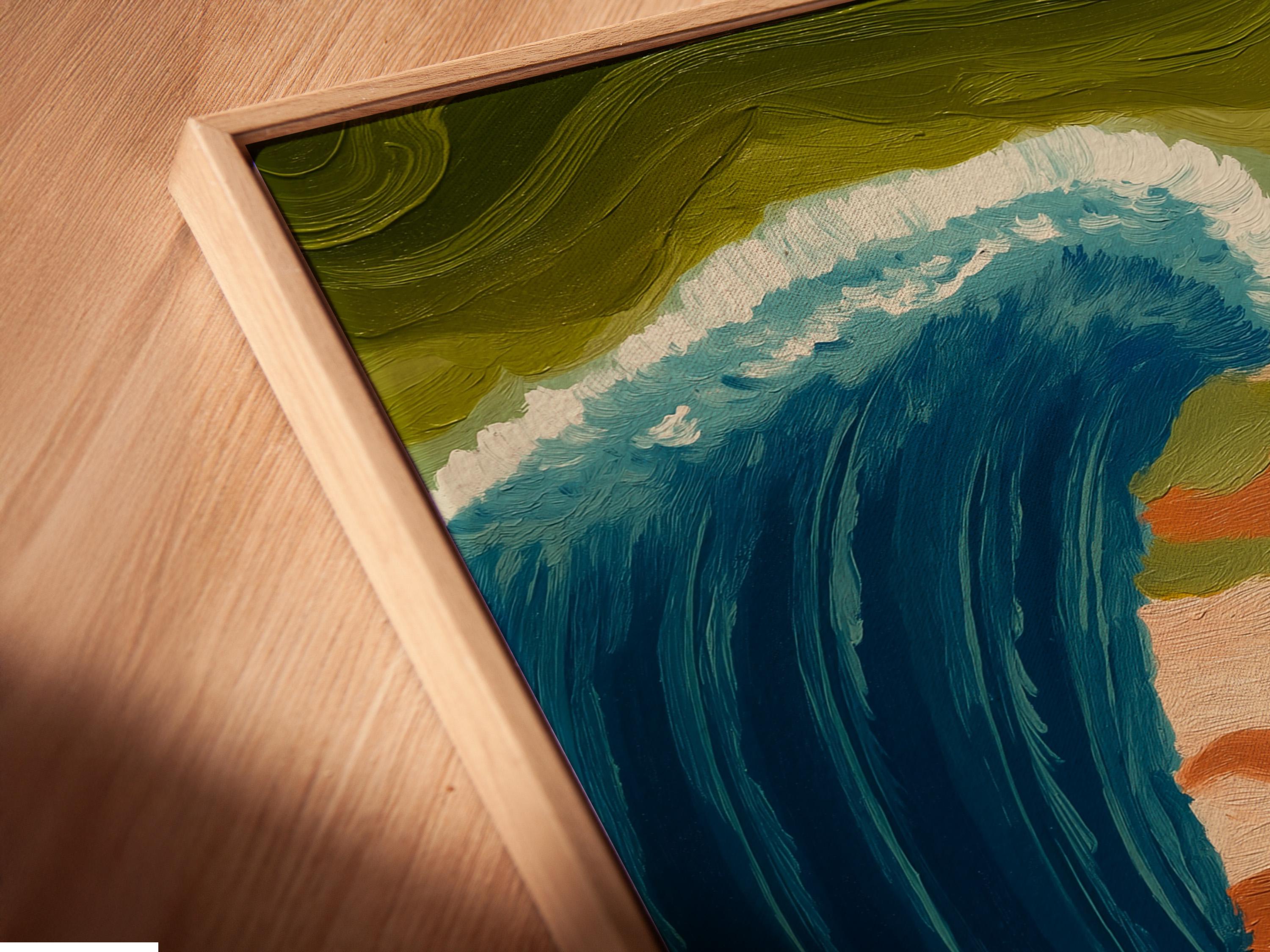 Painterly teal ocean scene with waves parting around a central figure holding a staff detail view