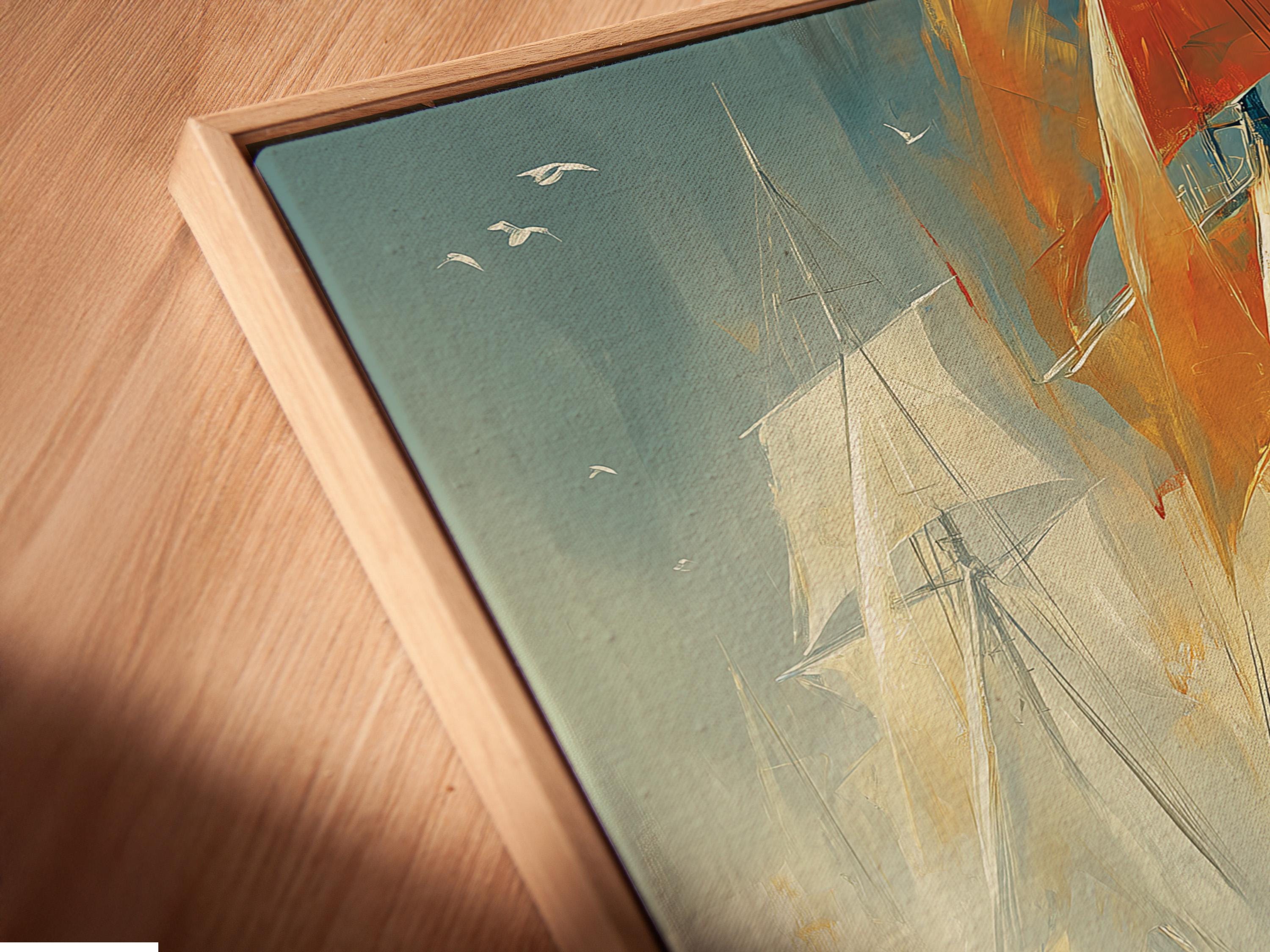 Painterly sailboat maritime scene with a red-orange sail and a man writing detail view