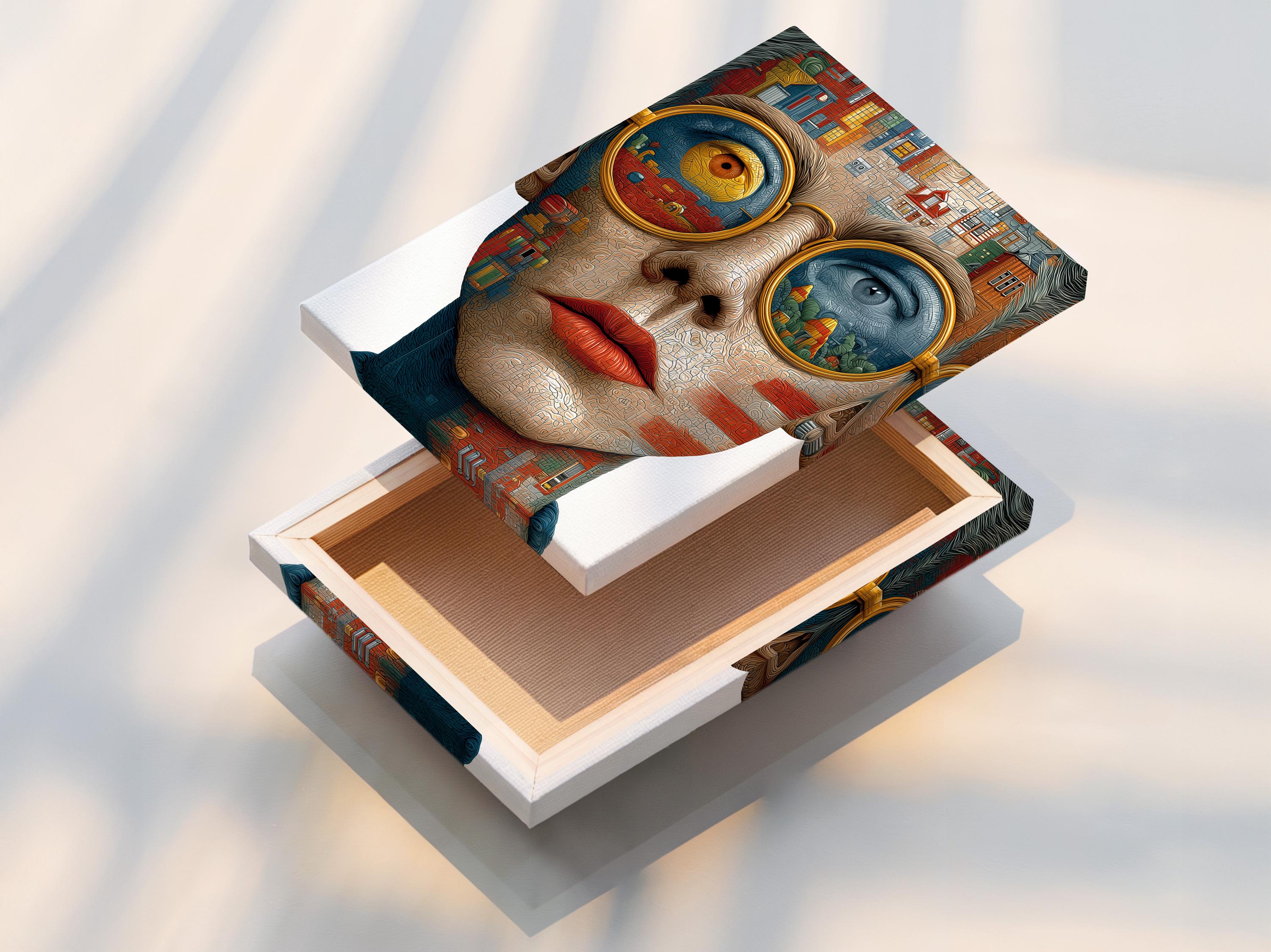 Surreal woman face artwork made from cityscape building details and oversized gold and blue eyes detail view