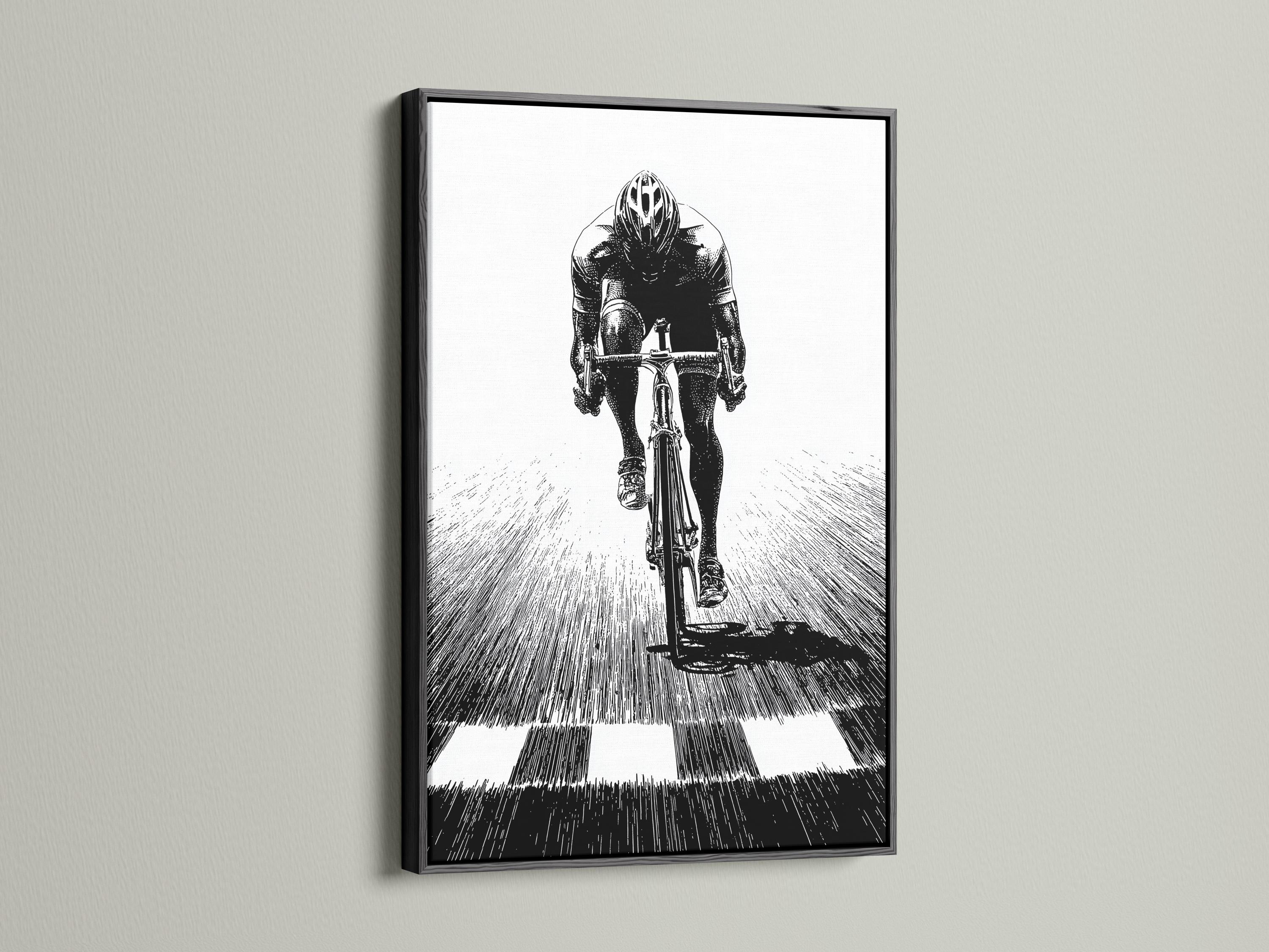 Room mockup showing a framed monochrome cyclist illustration on a light wall