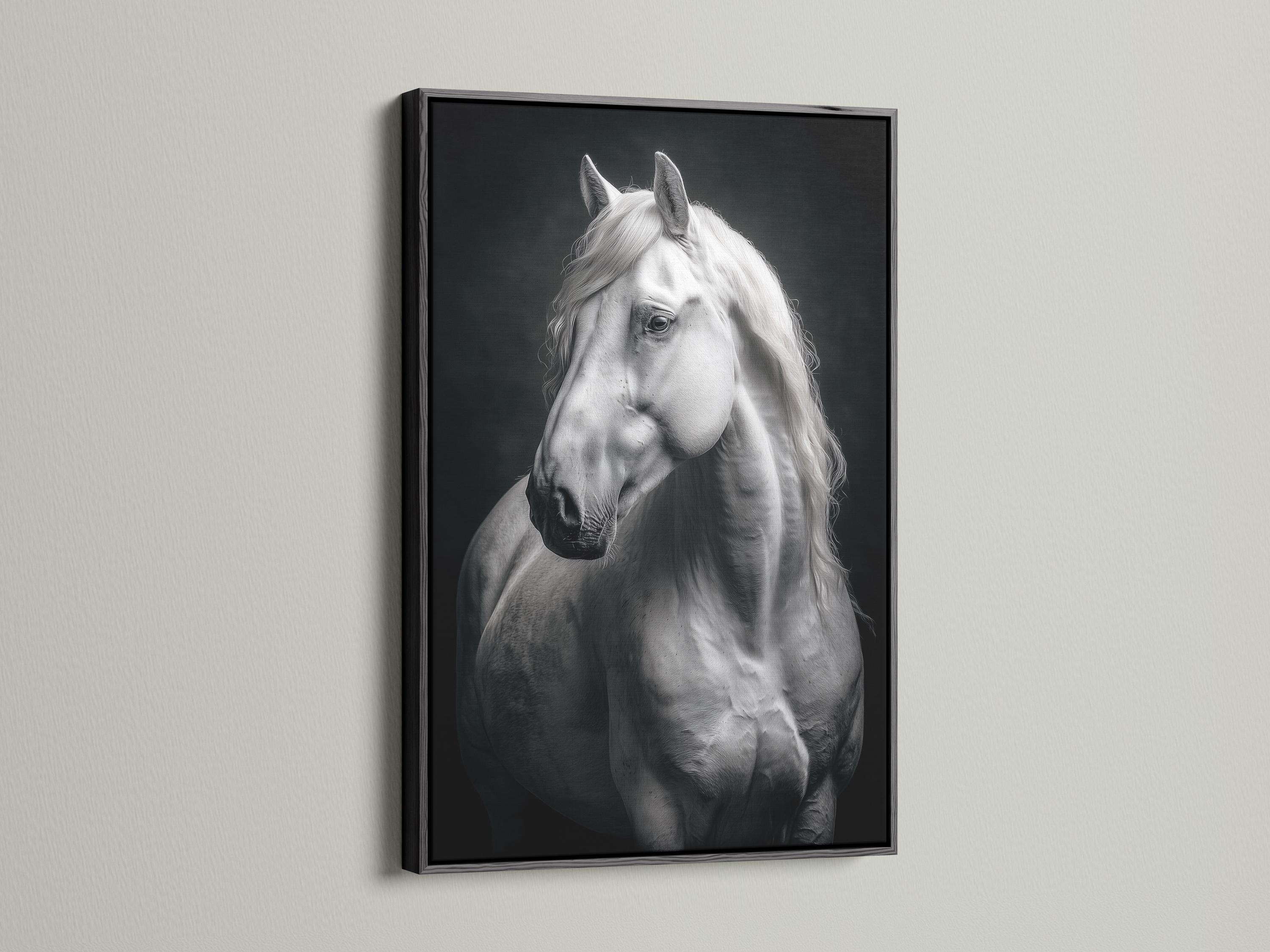 Room mockup showing a framed black and white horse portrait artwork