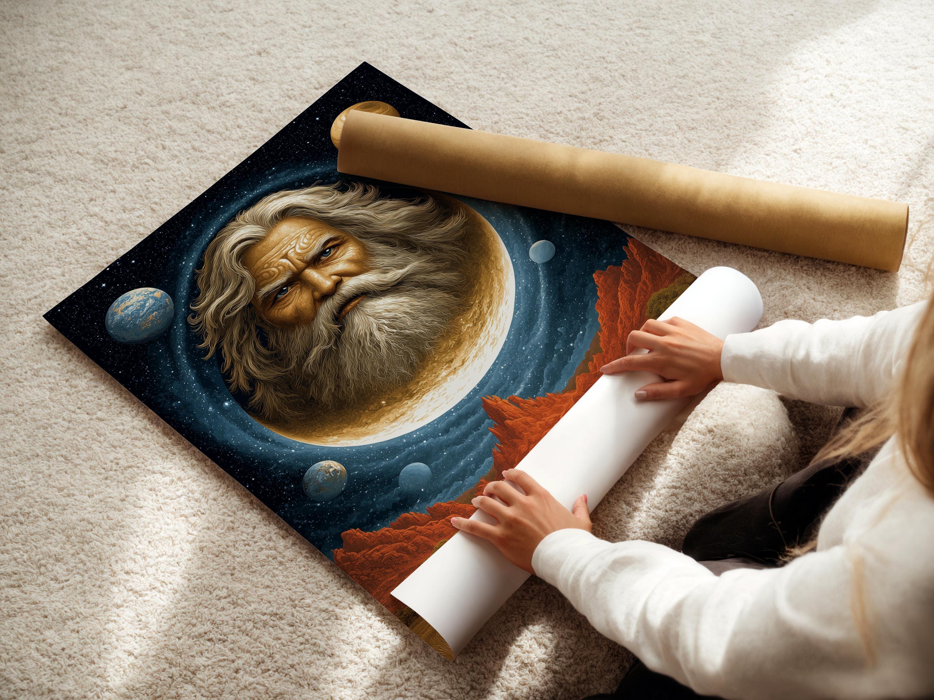 Room mockup showing a framed surreal celestial portrait with a glowing moon and desert landscape