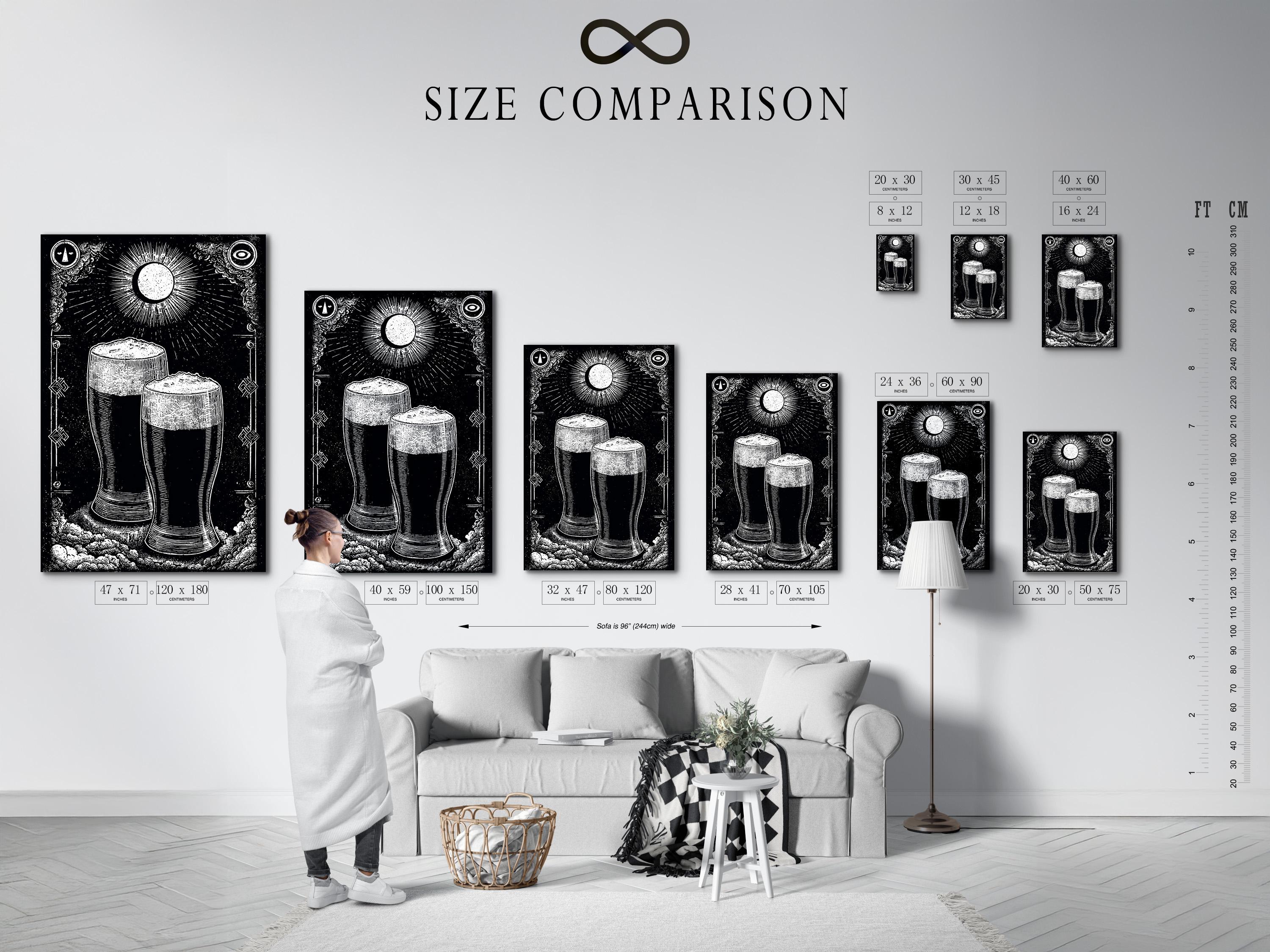 Person holding a framed black-and-white beer mug illustration in a workshop-style bar setting