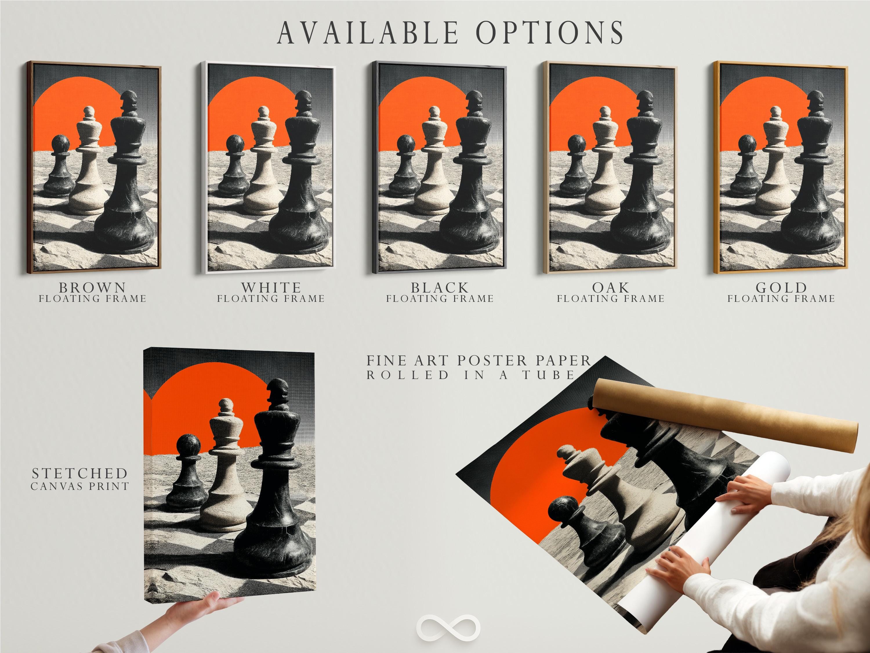High-contrast chess pieces with an orange sun and monochrome sandy landscape background detail view