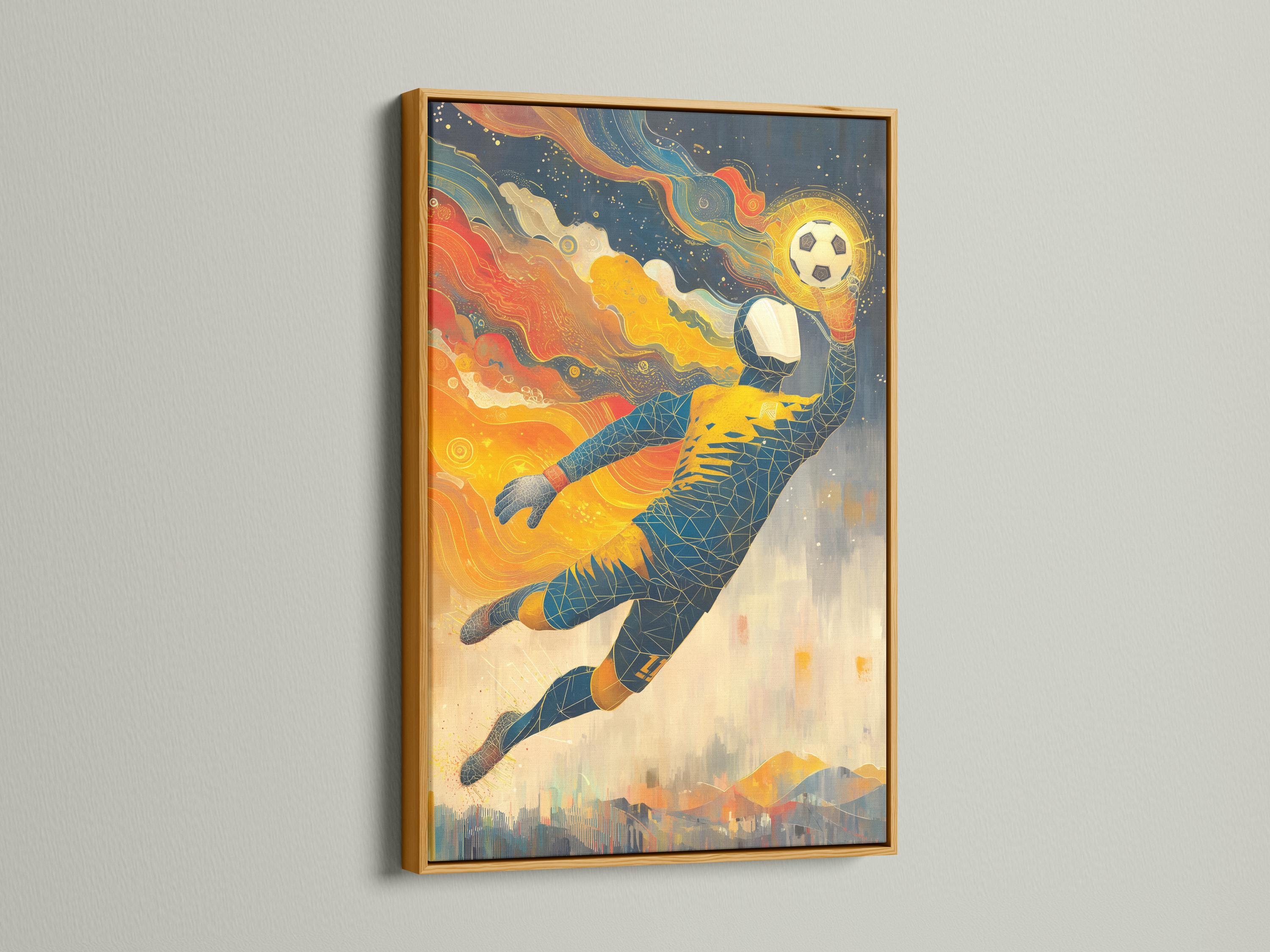 Stylised geometric football goalkeeper diving with a floating ball motif in navy, gold and red detail view