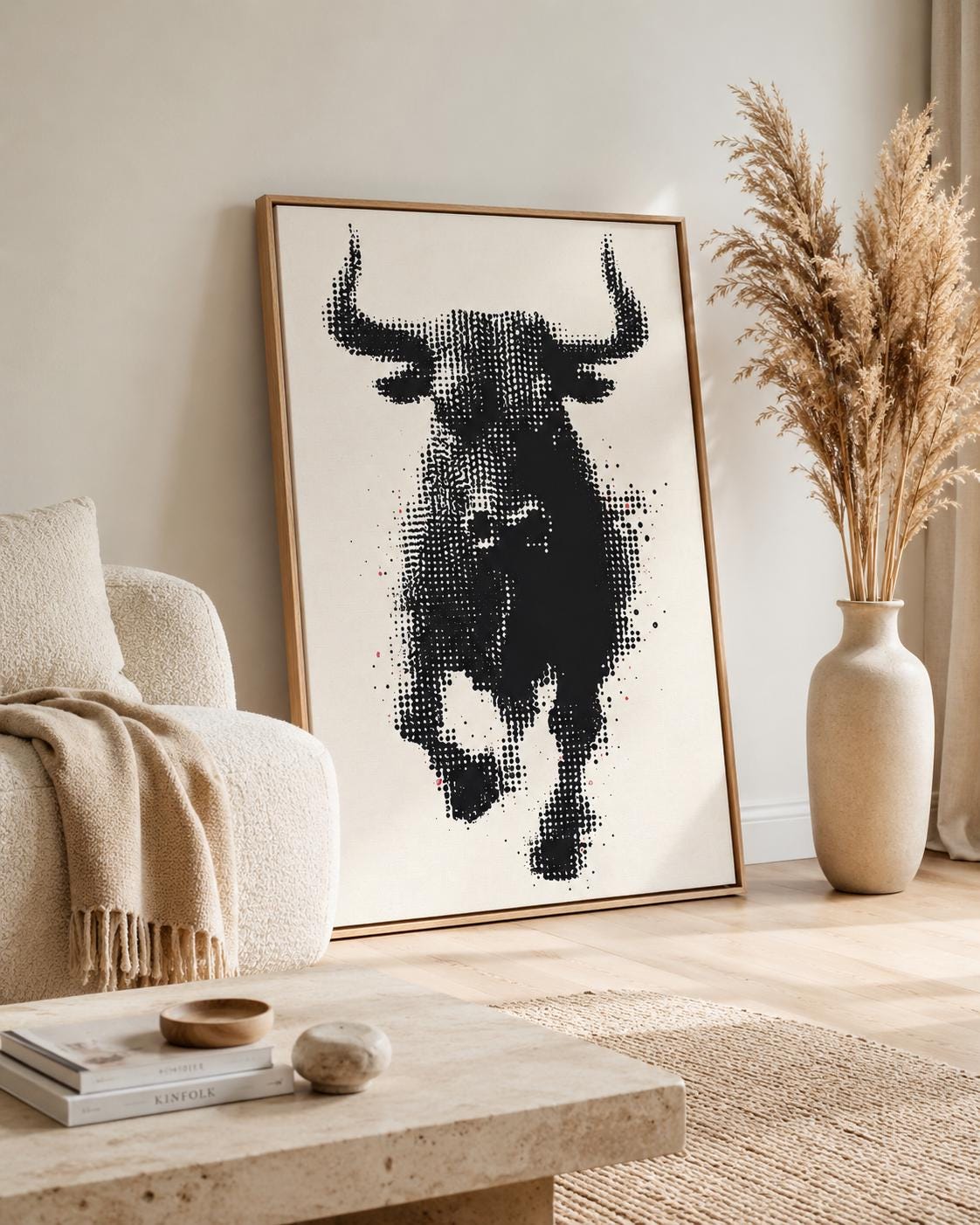 Black and white halftone bull head artwork with horns detail view