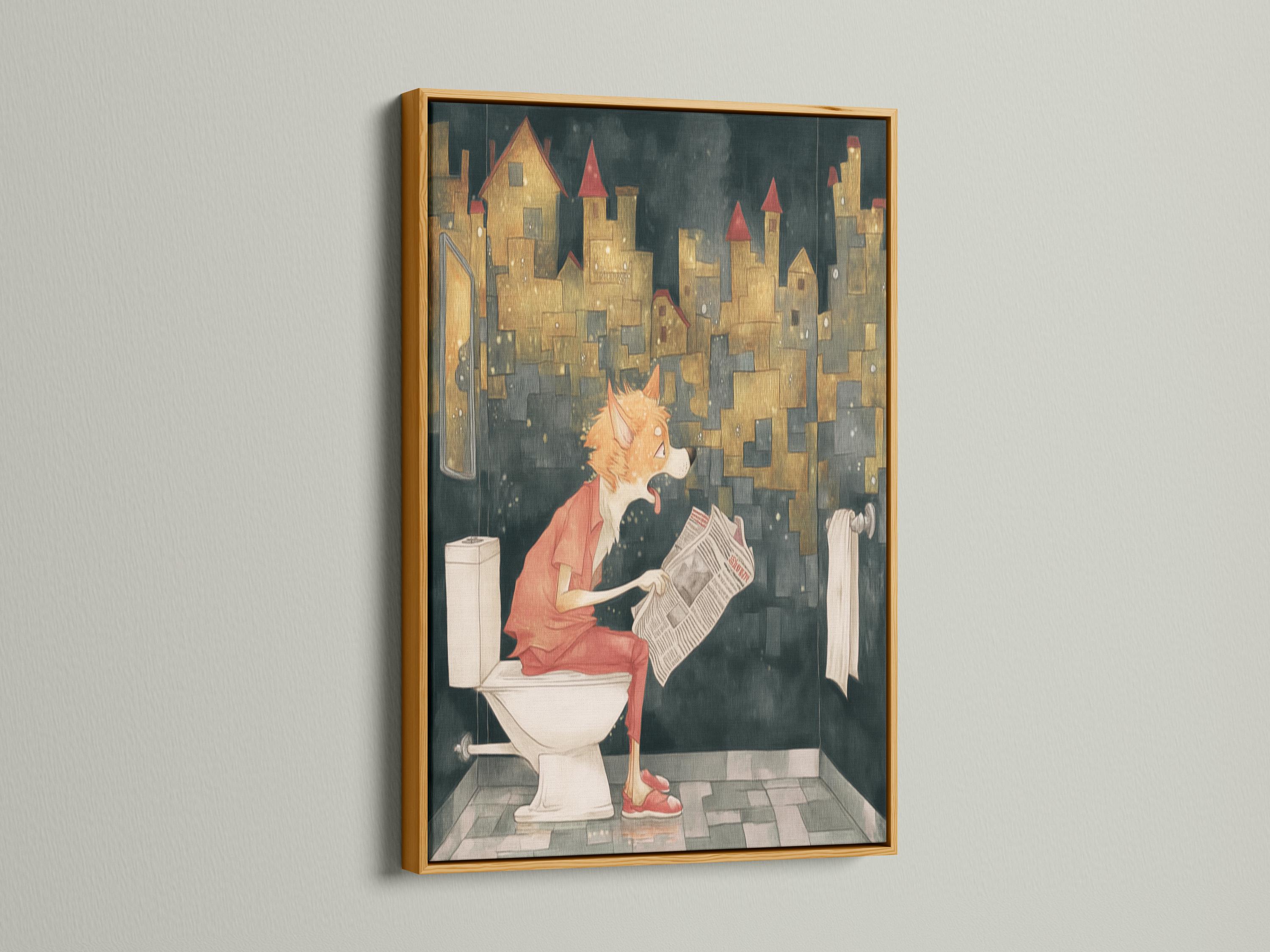 Orange fox reading a newspaper while seated on a white toilet with a moody cityscape background detail view
