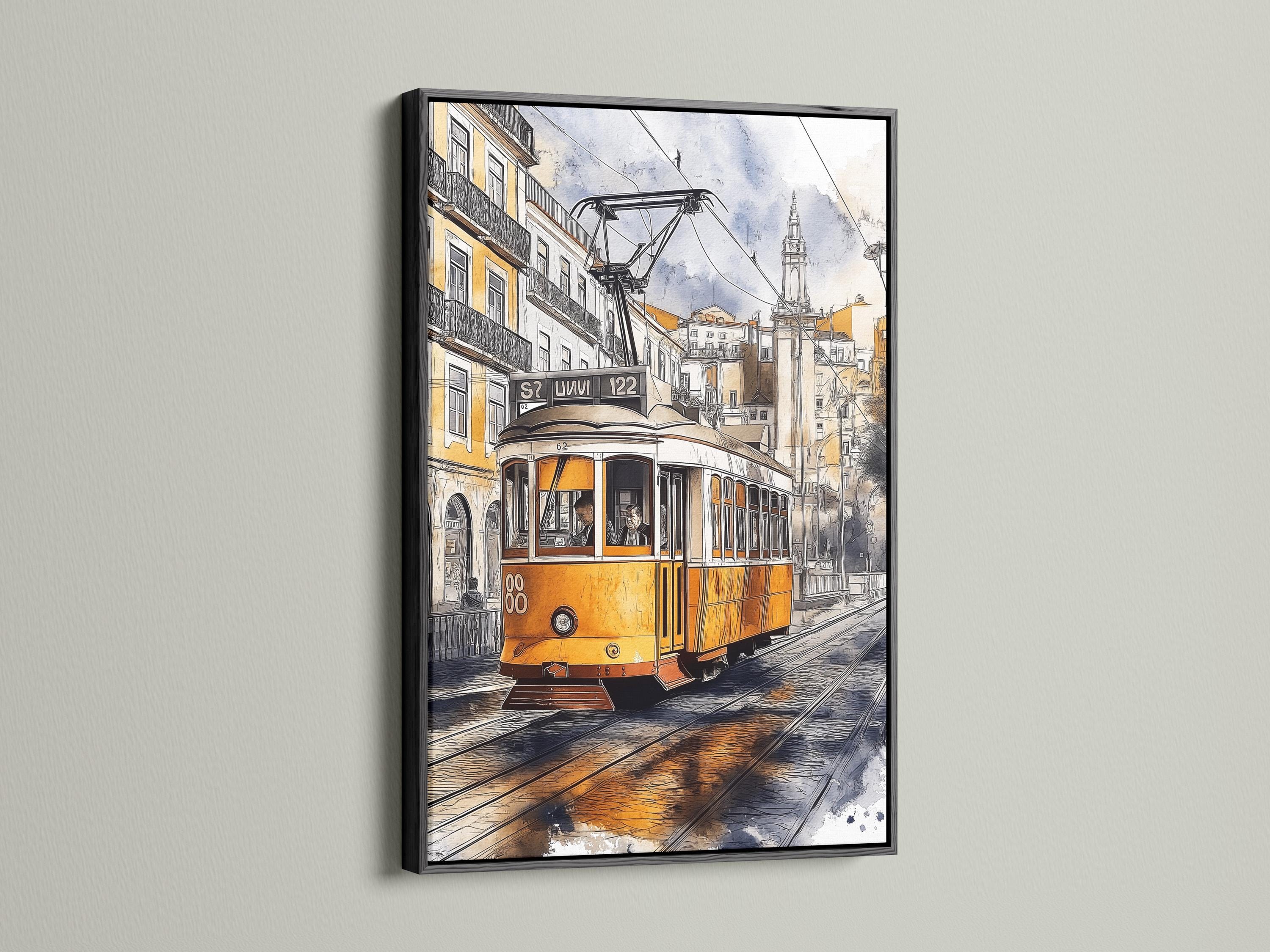 Painterly yellow tram on tracks beside city buildings with overhead cables detail view
