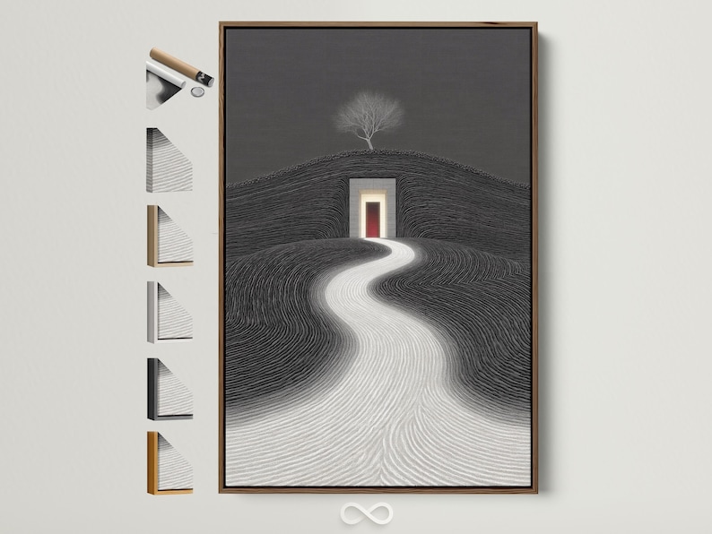 Monochrome surreal landscape with a winding path leading to a glowing geometric doorway and leafless tree
