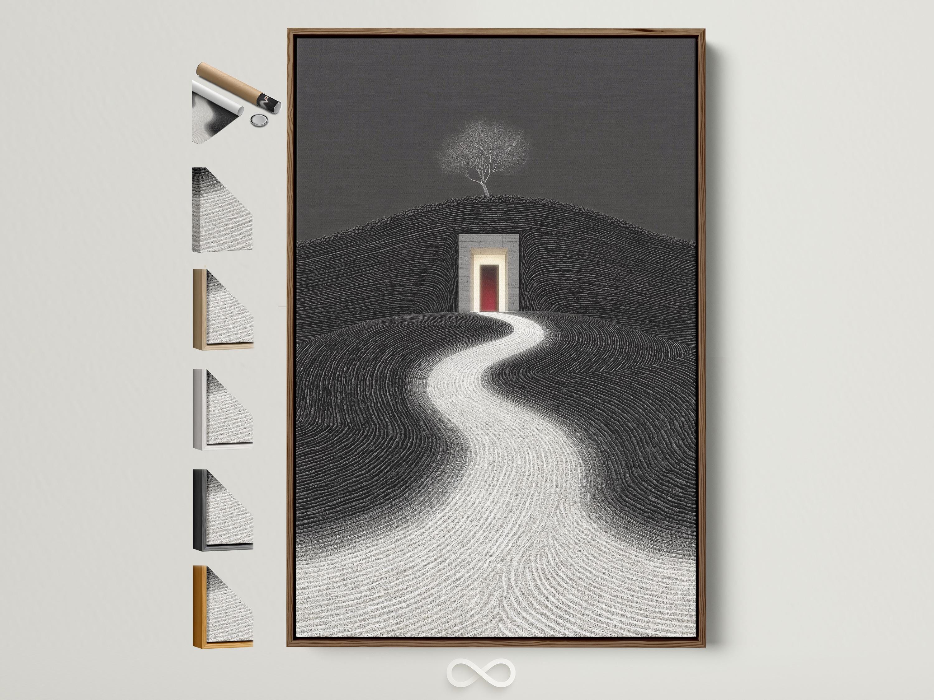 Monochrome surreal landscape with a winding path leading to a glowing geometric doorway and leafless tree