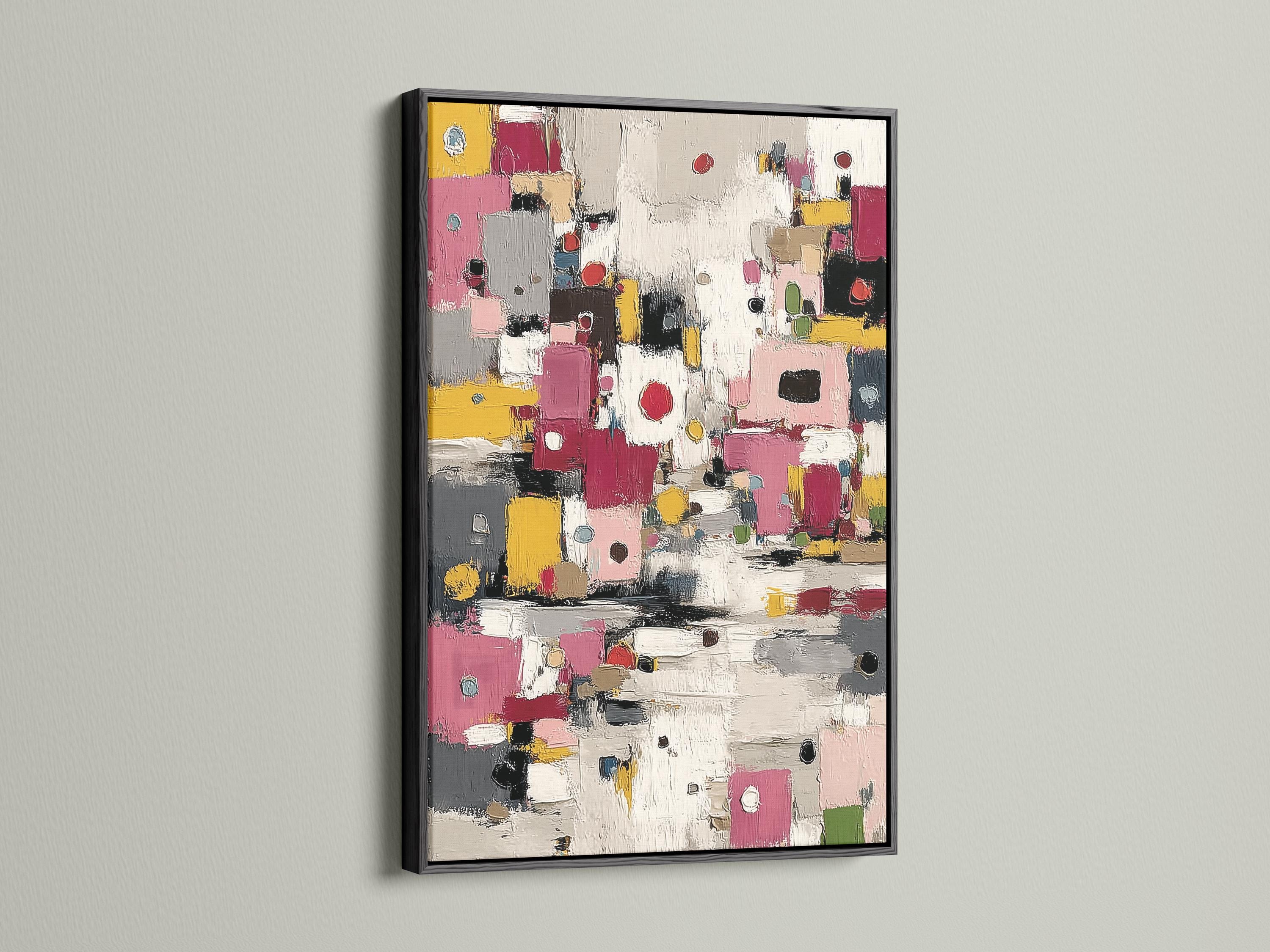 Textured abstract artwork with layered geometric blocks in pink, yellow, grey and black detail view