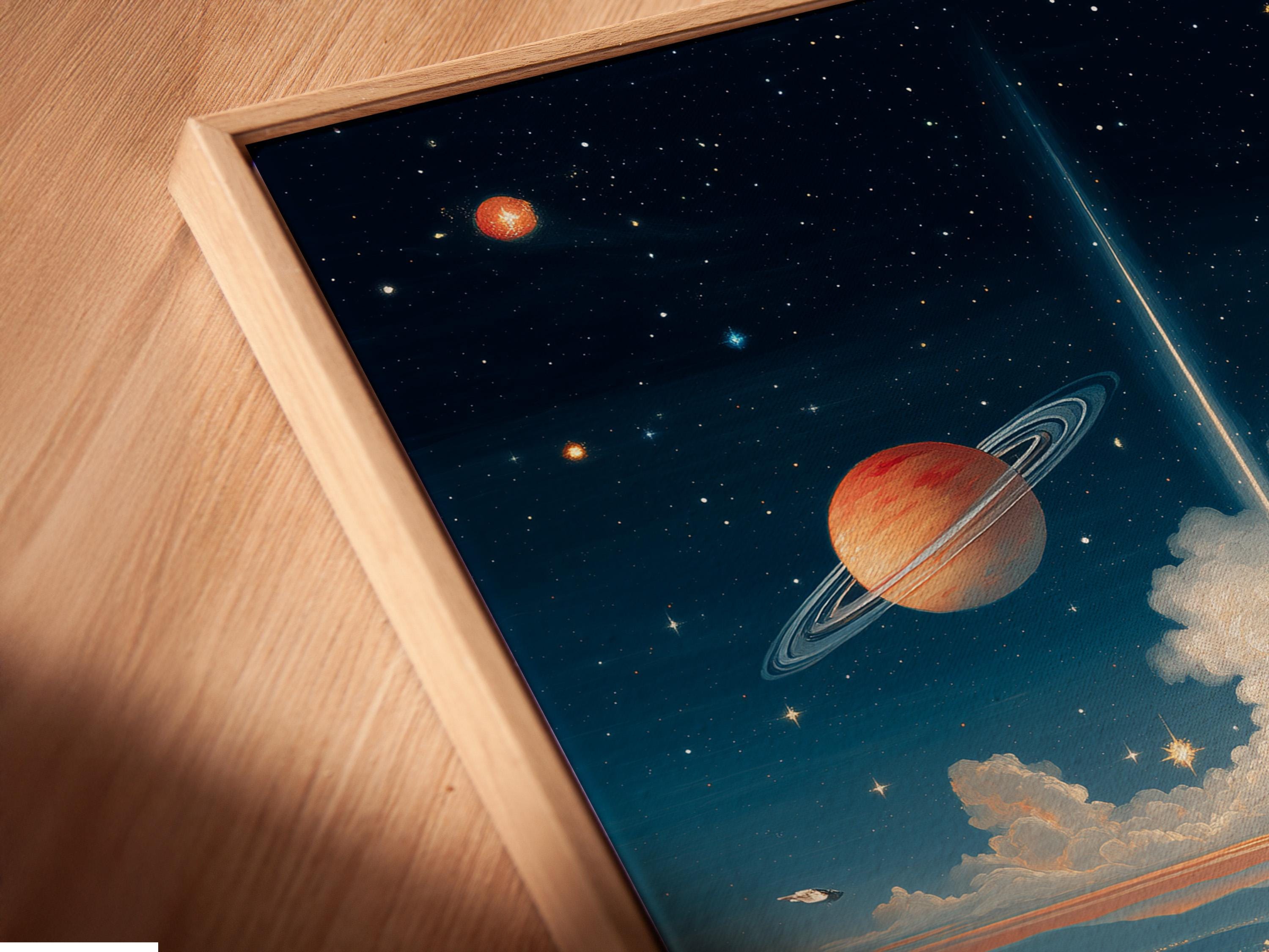 Surreal space landscape with planets, stars, snowy futuristic buildings and a red car on a winding road detail view