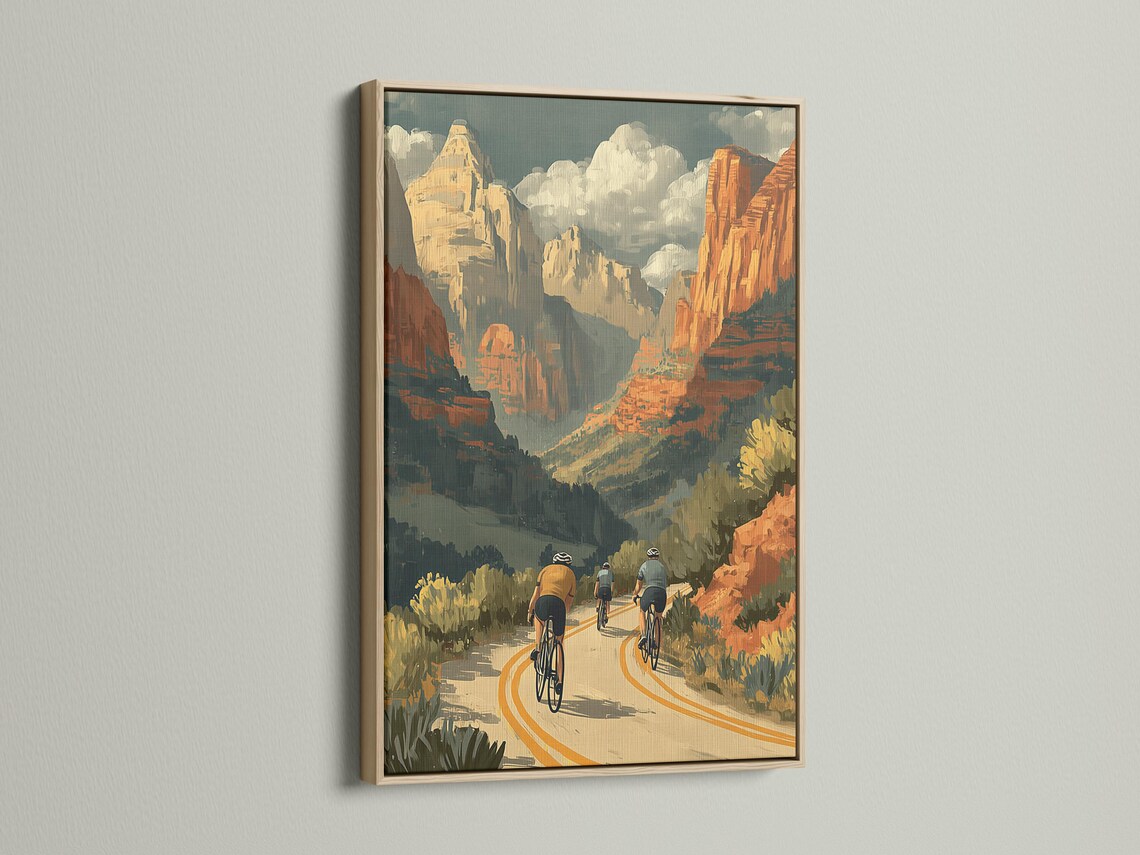 Retro desert canyon cycling scene with three cyclists on a winding road detail view