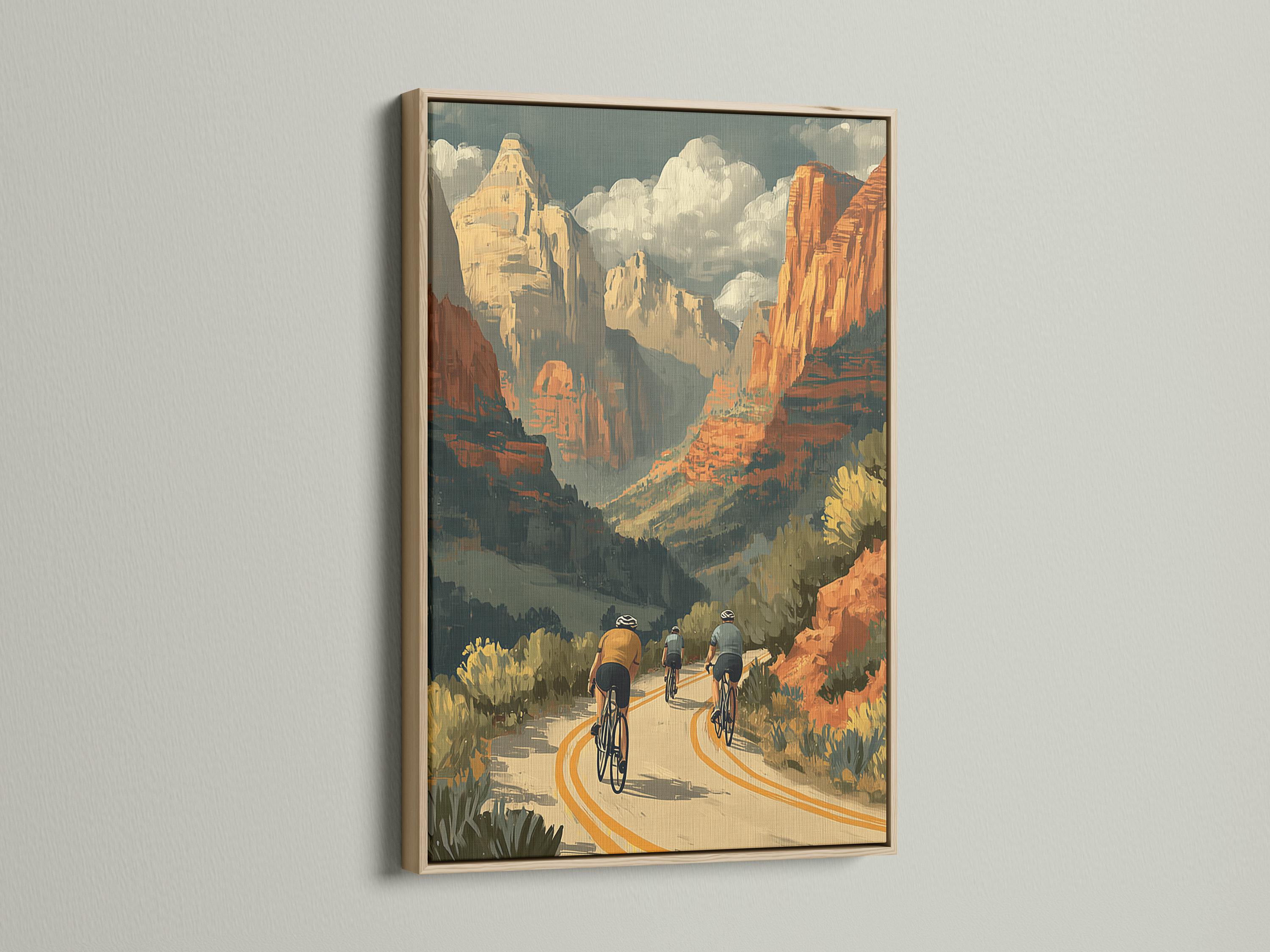 Retro desert canyon cycling scene with three cyclists on a winding road detail view