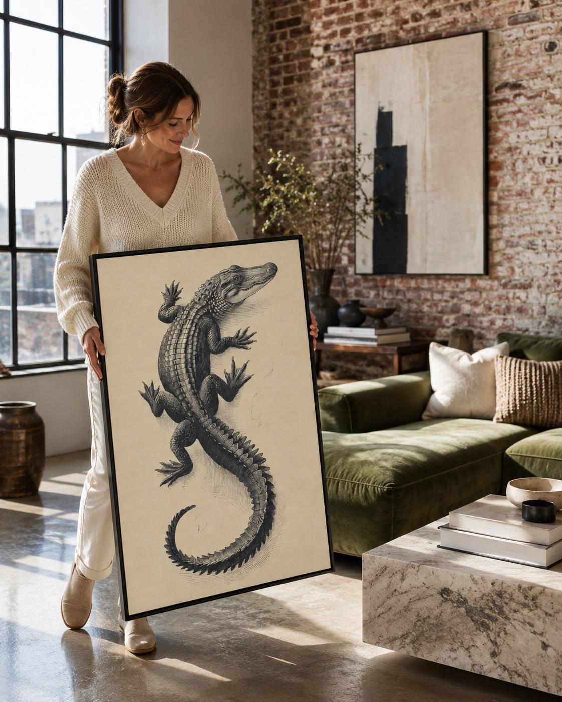 Room mockup showing framed alligator illustration above a wooden desk