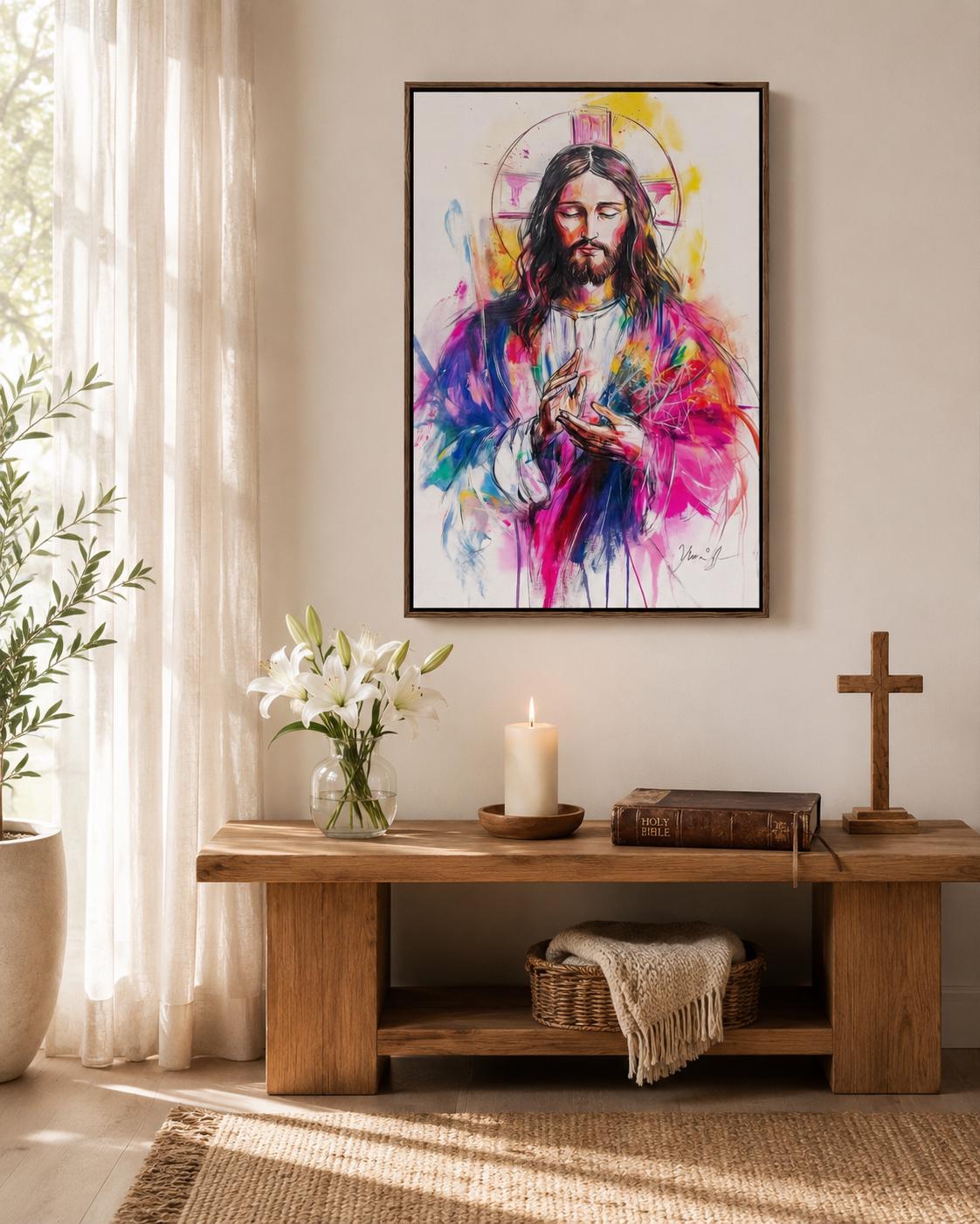 Religious portrait artwork of Jesus with halo displayed above a wooden table in a hallway