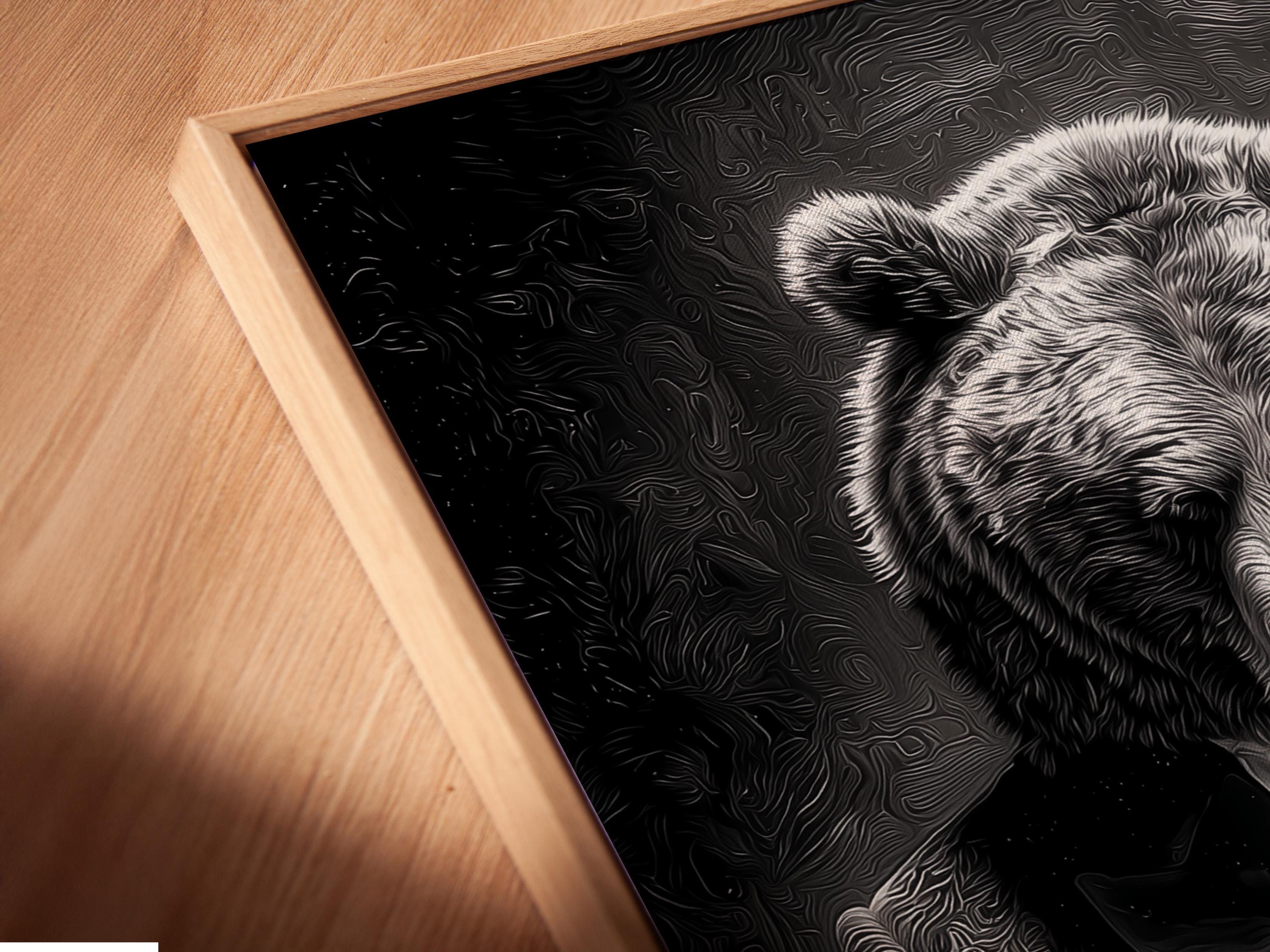 Bear portrait artwork shown in framed mockups with black, white and gold variations