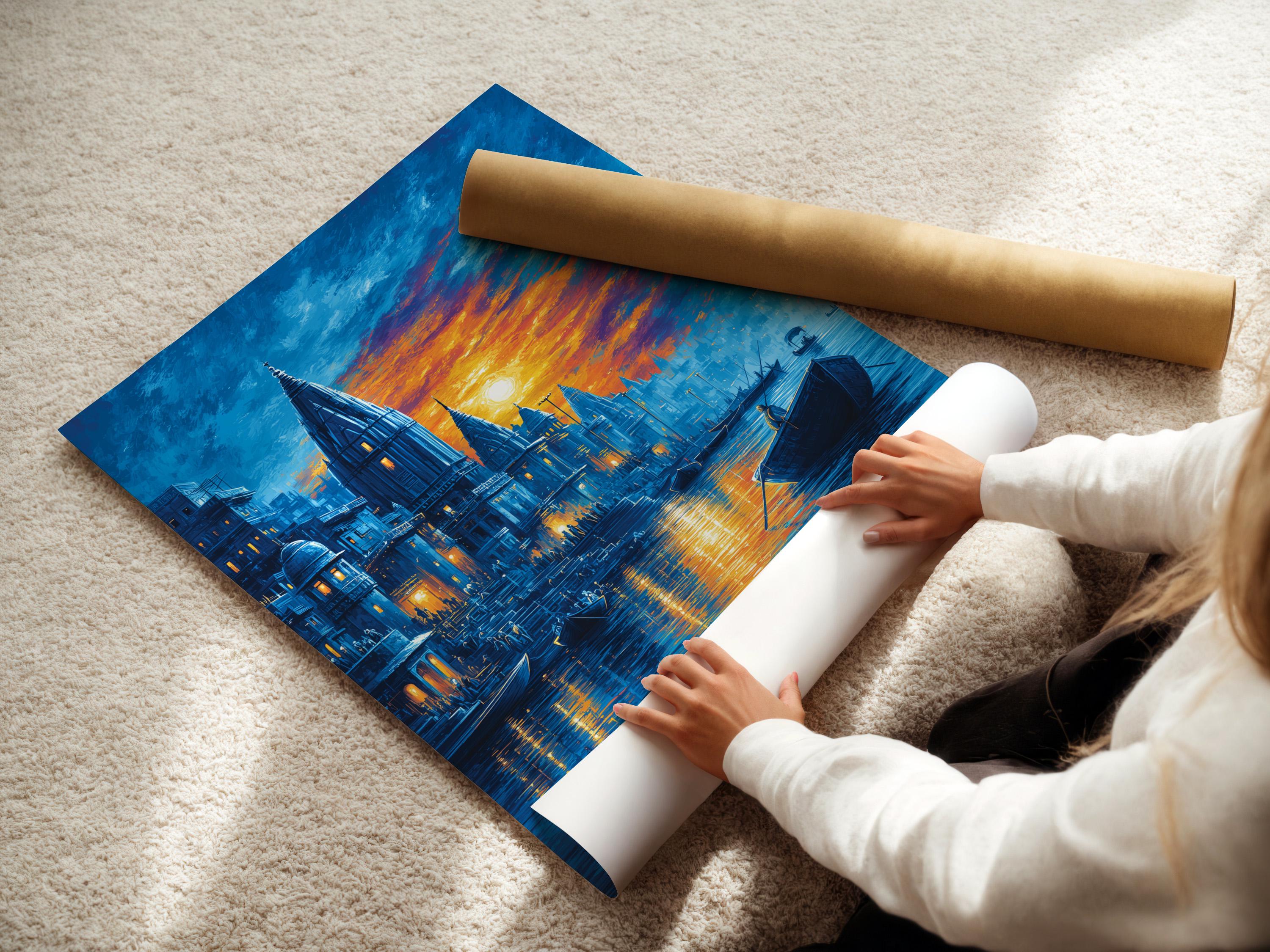 Blue sunset cityscape with temple-like towers above a river, boats, and golden reflections detail view