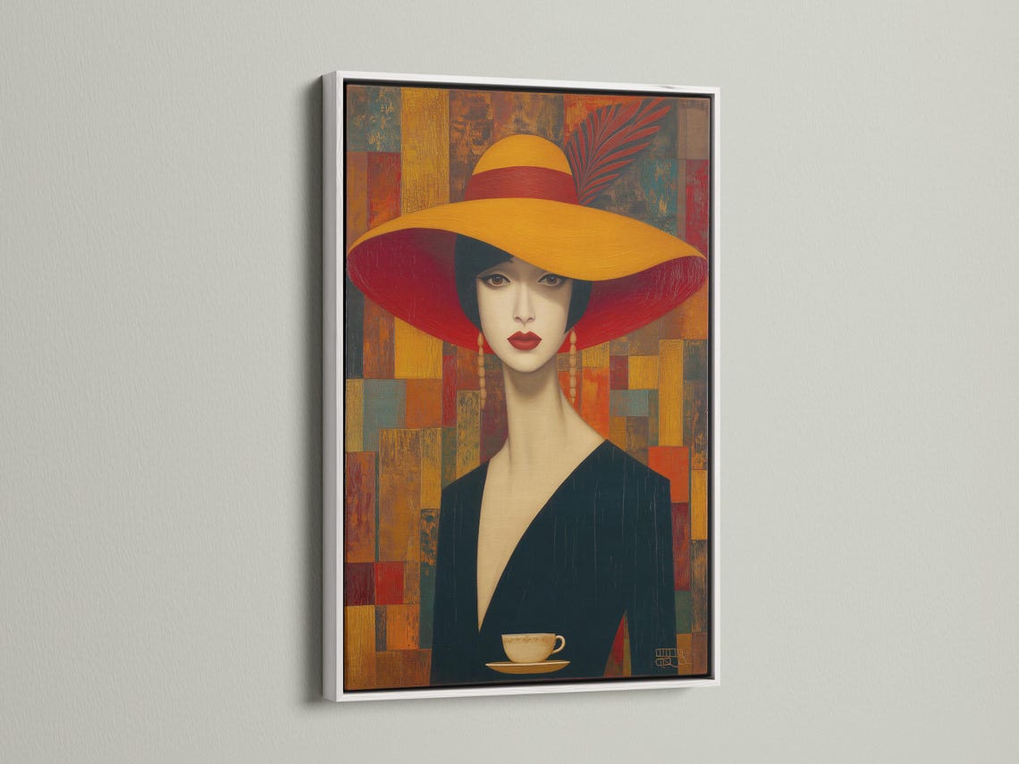 Stylised portrait of a woman wearing a wide red hat against a geometric red, gold and teal background detail view