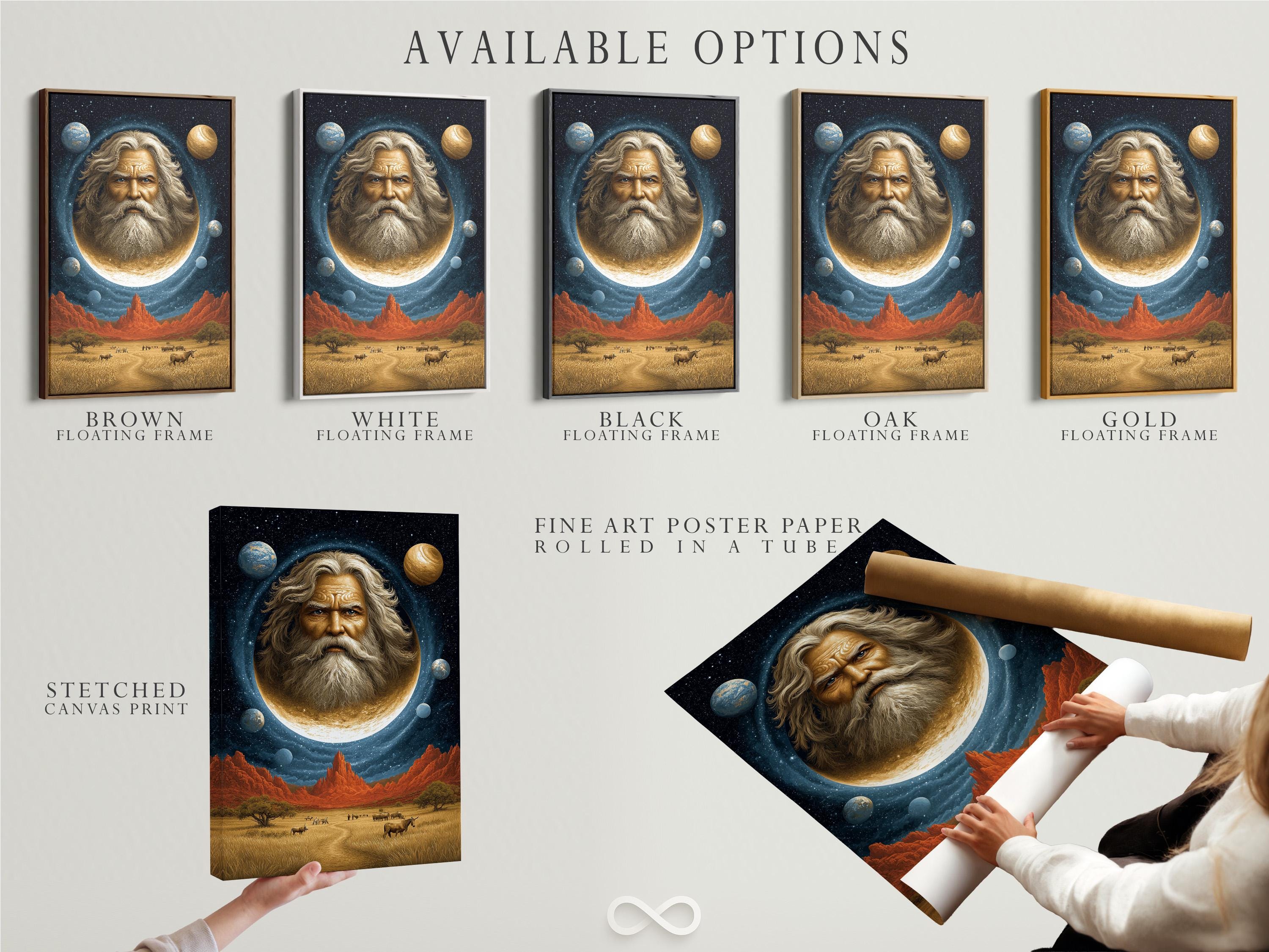 Room mockup showing a framed surreal celestial portrait with a glowing moon and desert landscape