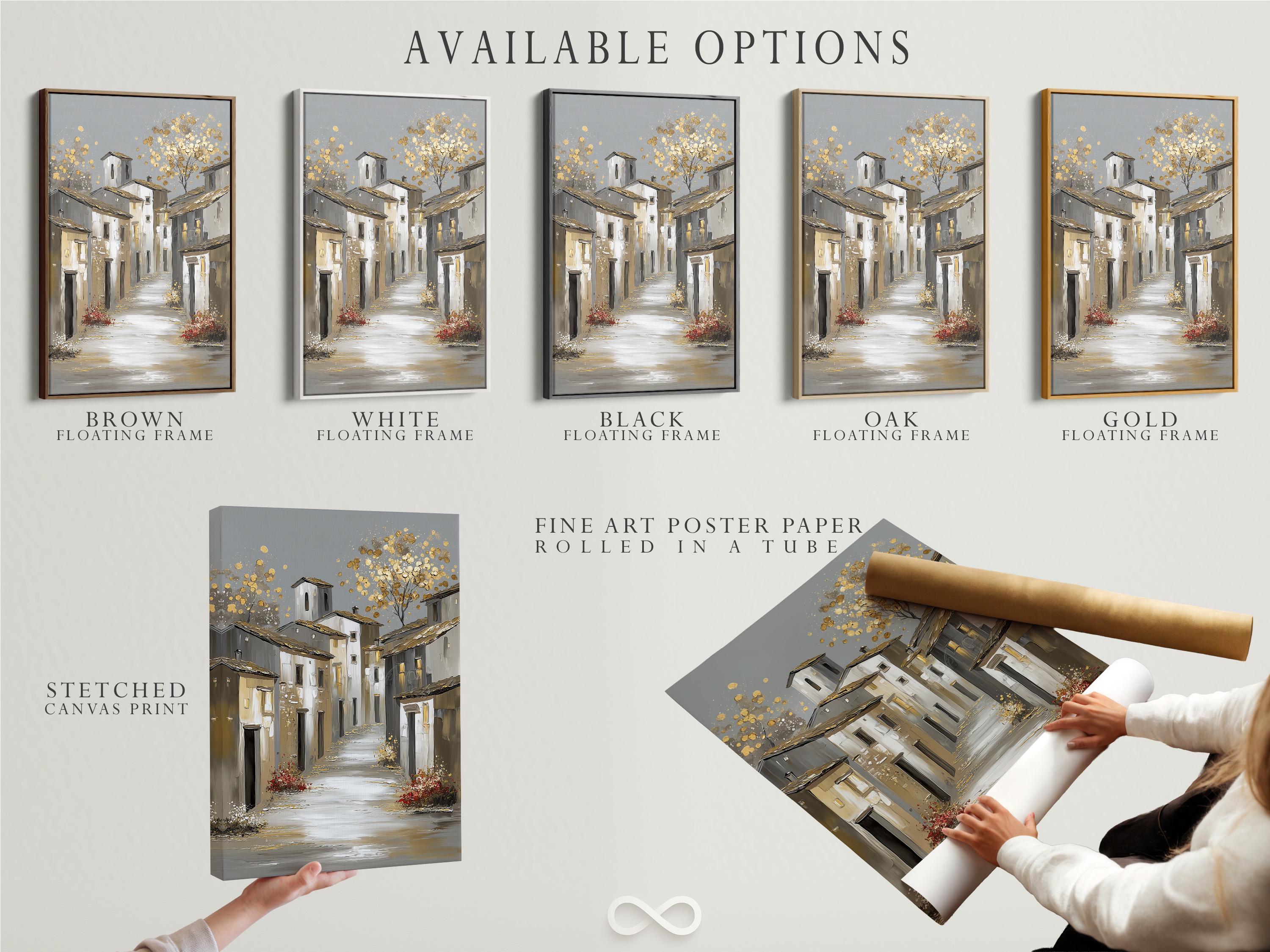 Gold sparkle European village street illustration with white buildings and grey roofs detail view