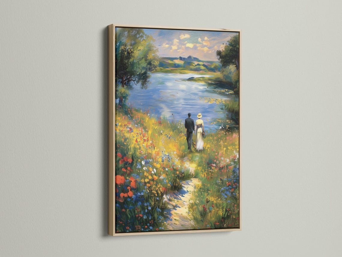 An impressionist lake scene shows a standing couple in a flower-filled meadow, with a blue sky, leafy trees, and shimmering reflections detail view