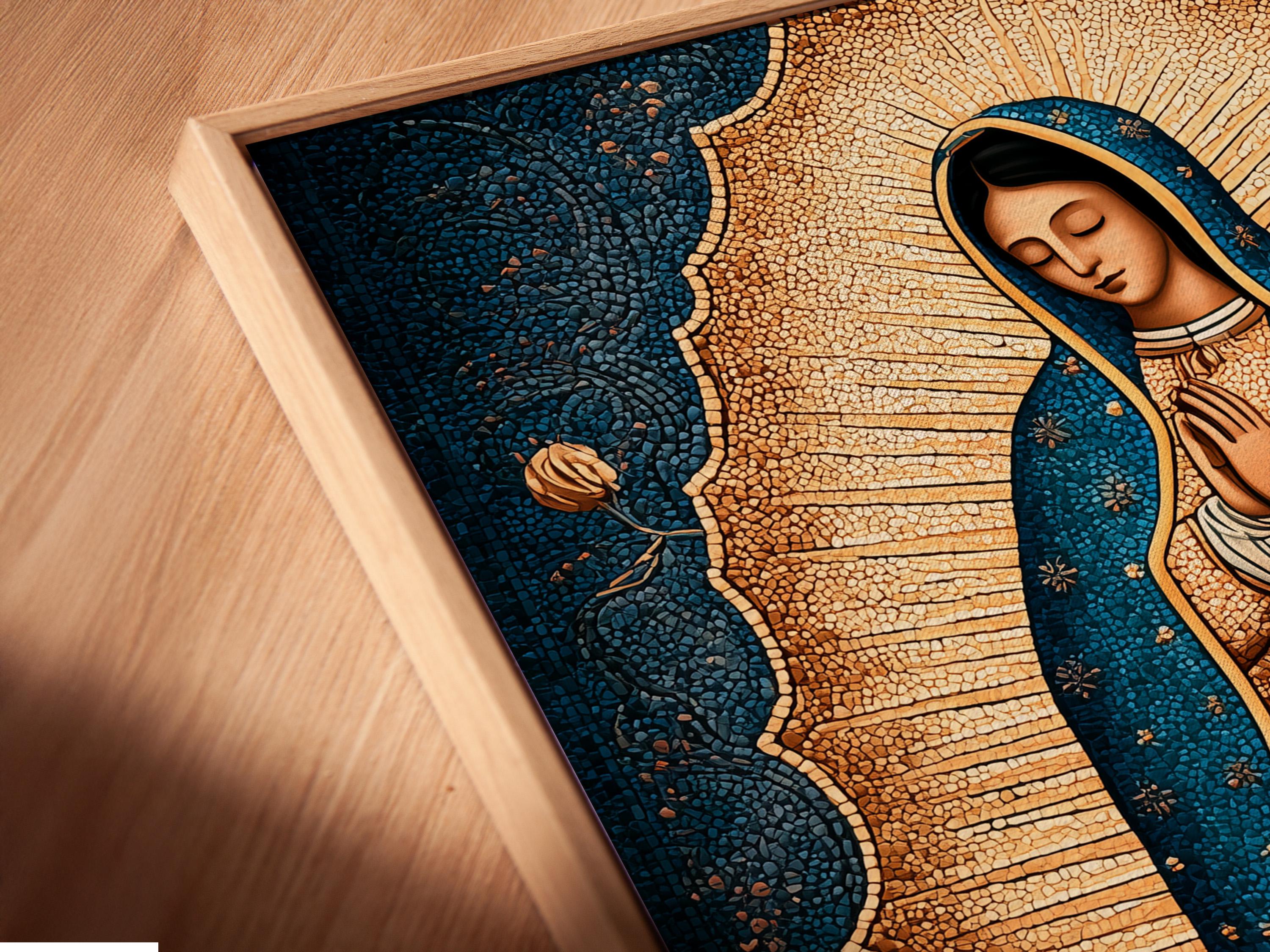 Hooded praying female figure with gold halo rays and roses on a blue textured background detail view
