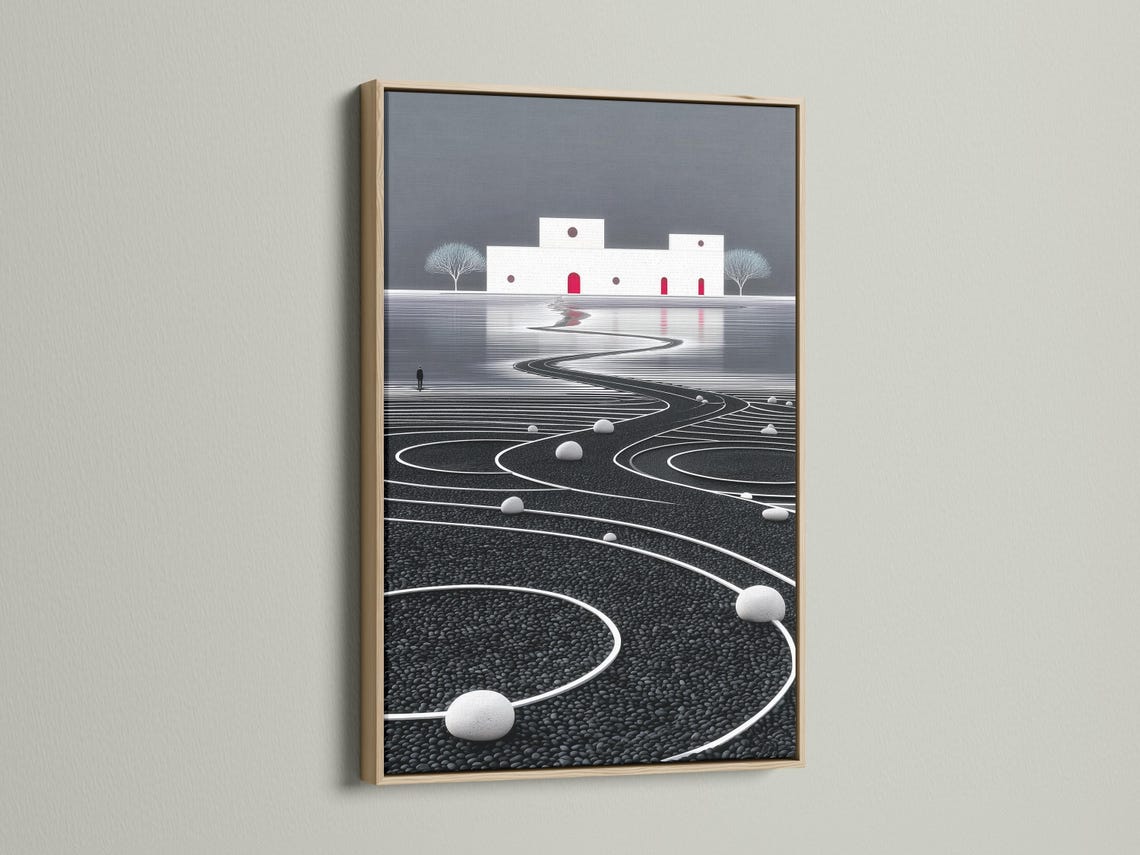 Minimalist zen landscape with a winding curved path across textured ground, grey sky, trees and red door accents detail view