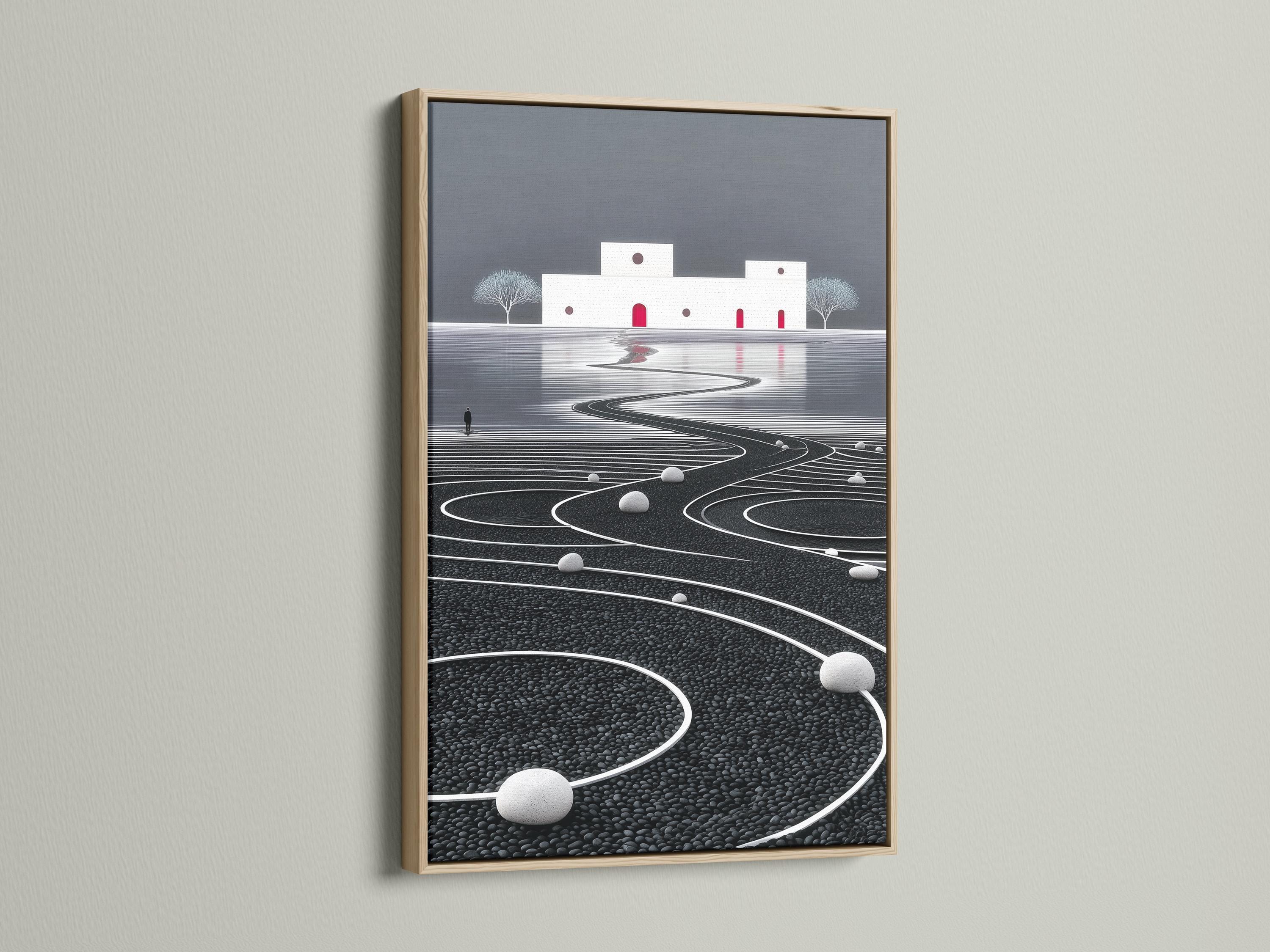 Minimalist zen landscape with a winding curved path across textured ground, grey sky, trees and red door accents detail view