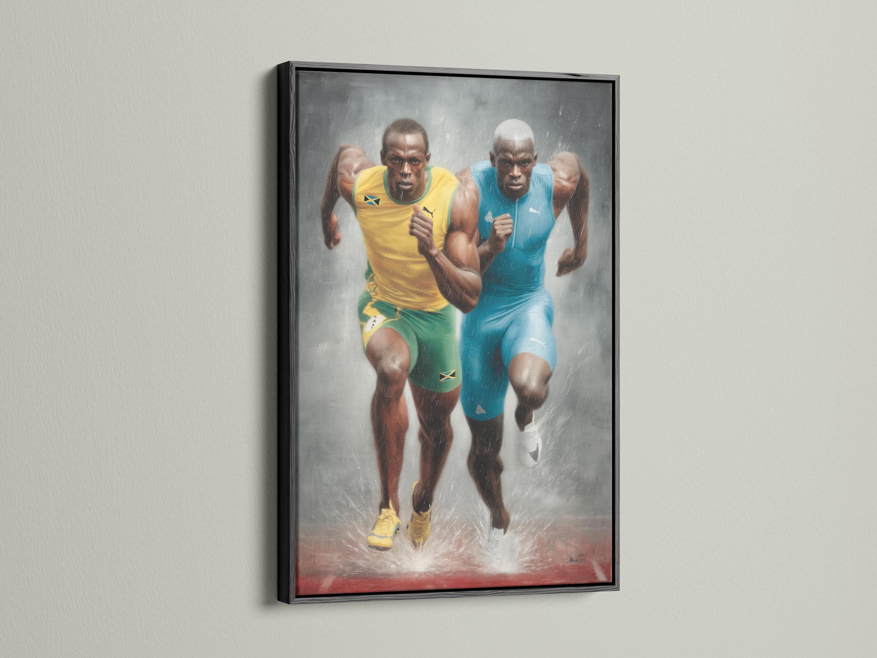 Room mockup showing a framed artwork of two sprinters in blue and yellow running toward the viewer