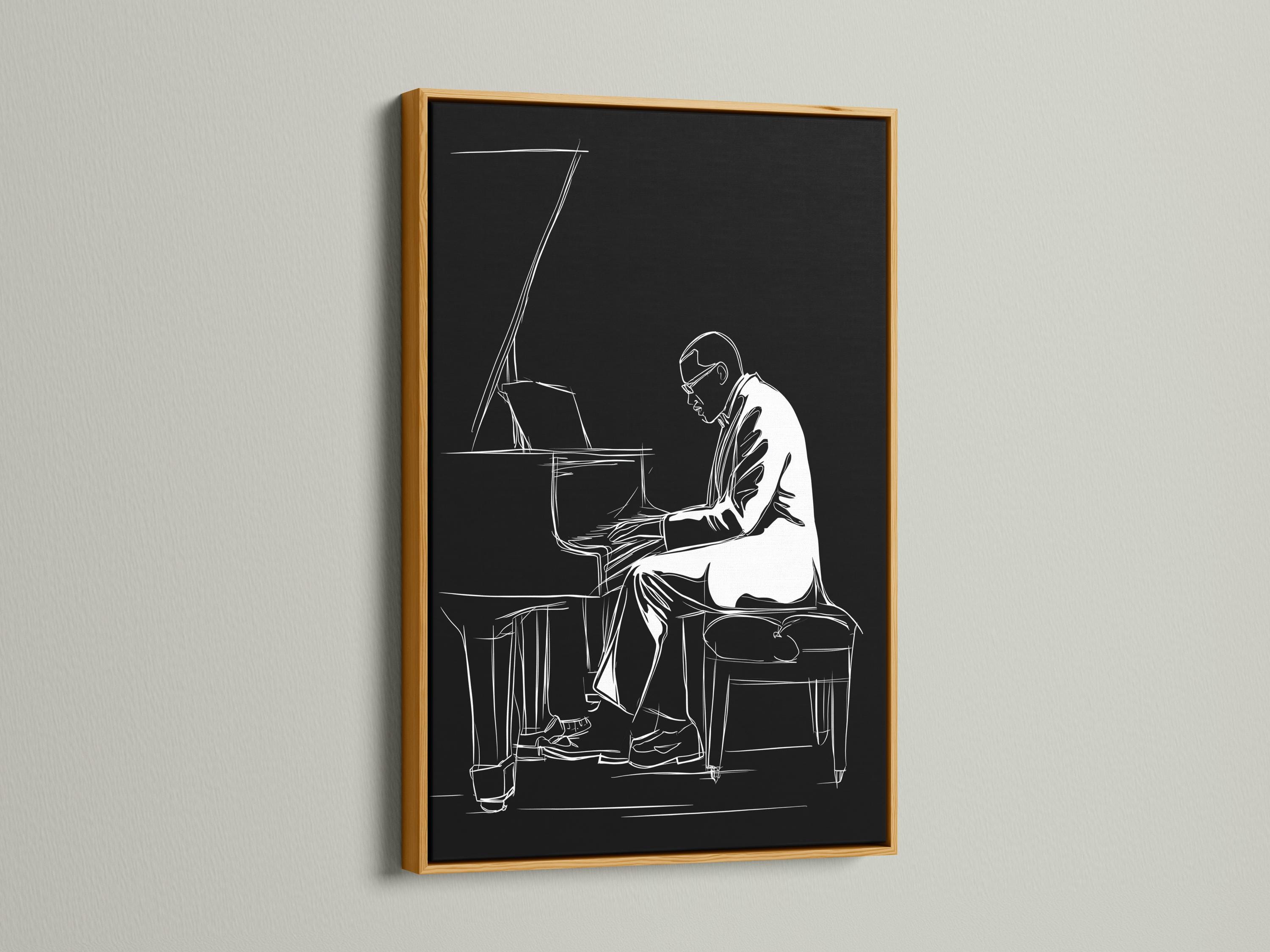 Minimalist black-and-white line drawing of a pianist playing a grand piano detail view