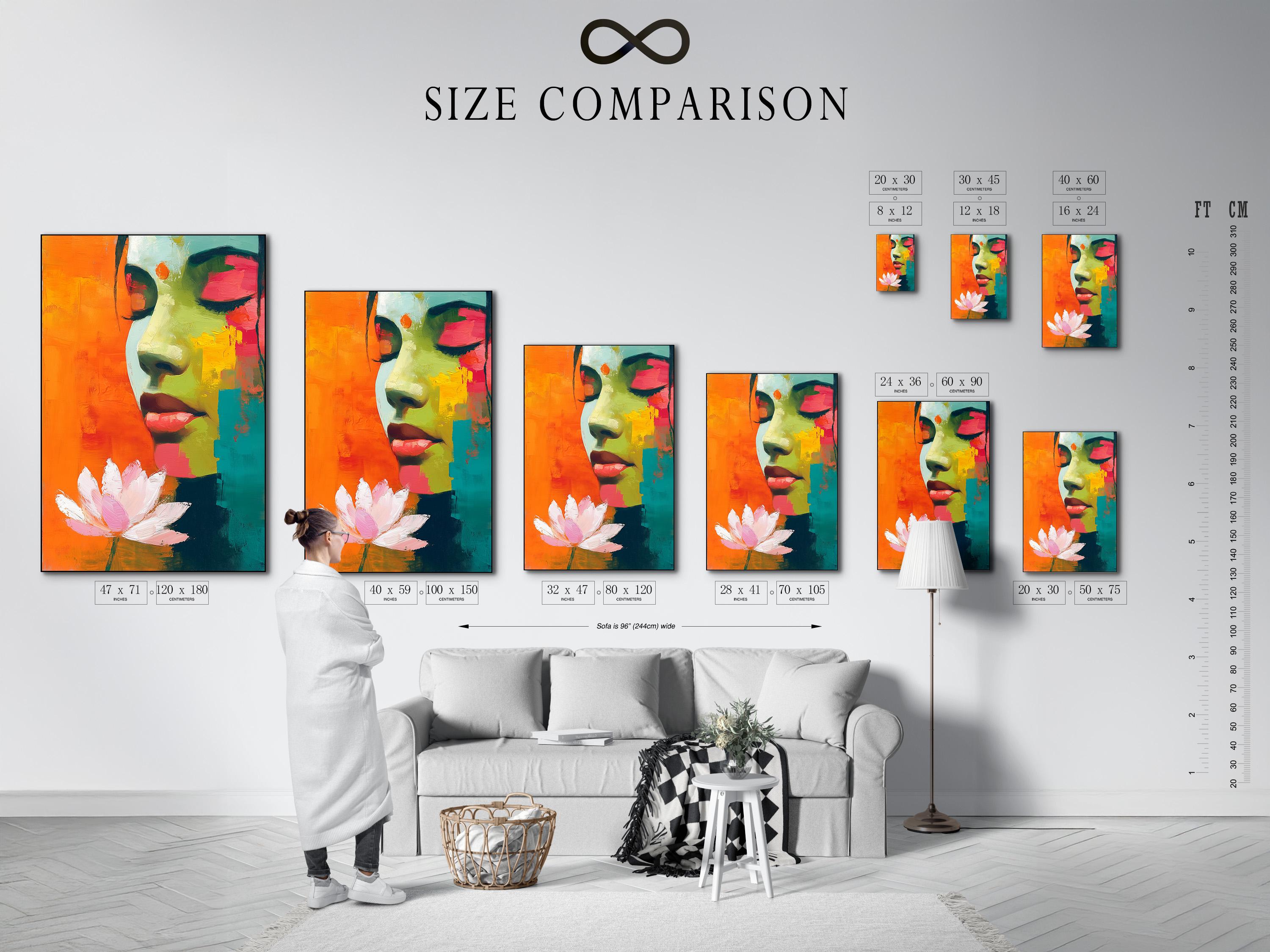 Abstract framed portrait of a woman profile with a lotus flower, shown in a room mockup with multiple frame options