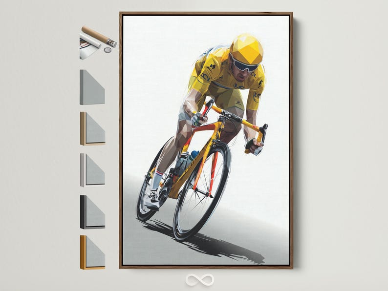 Geometric cyclist artwork with a yellow helmet riding a bicycle