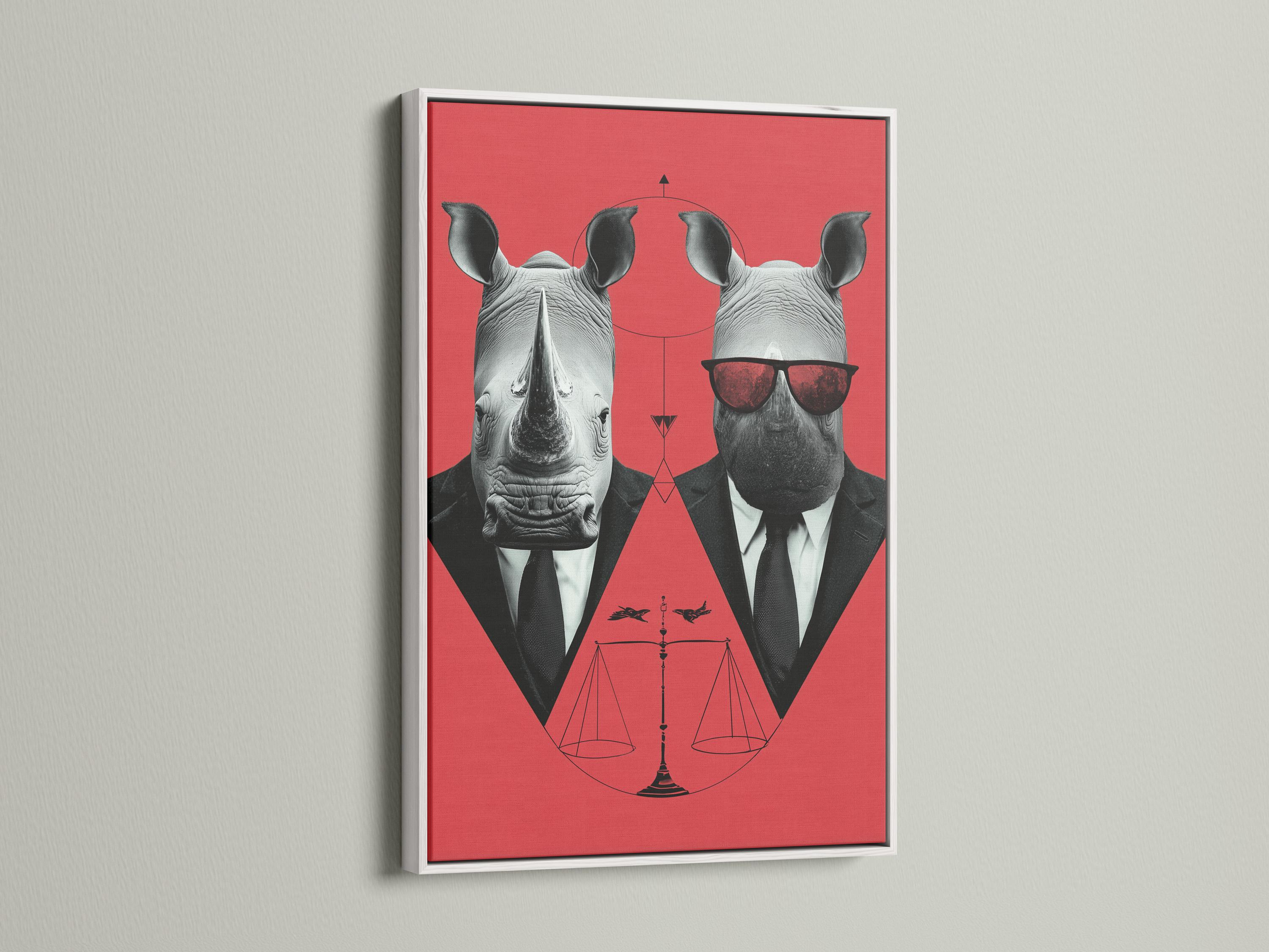 A stylised rhino duo in suits wears red sunglasses against a coral backdrop, with a red hourglass-like symbol and thin geometric lines below detail