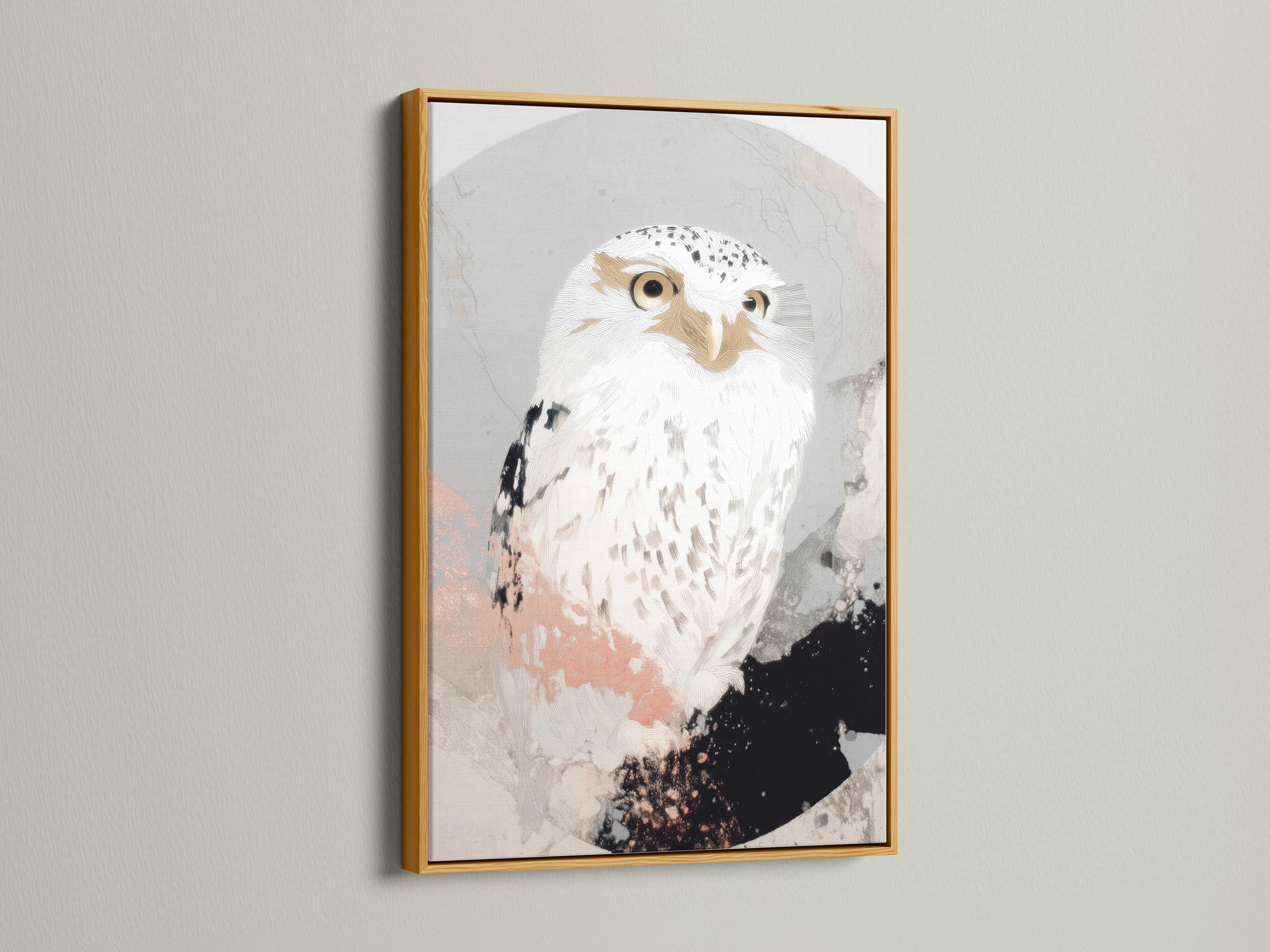 Neutral abstract owl portrait artwork with beige feathers and black speckled accents detail view