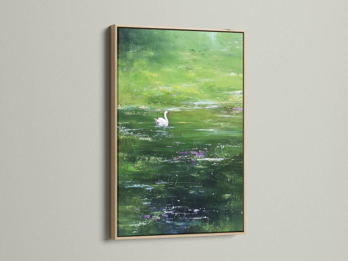 White swan in a green pond painting with lily pads and small purple-pink blossoms detail view