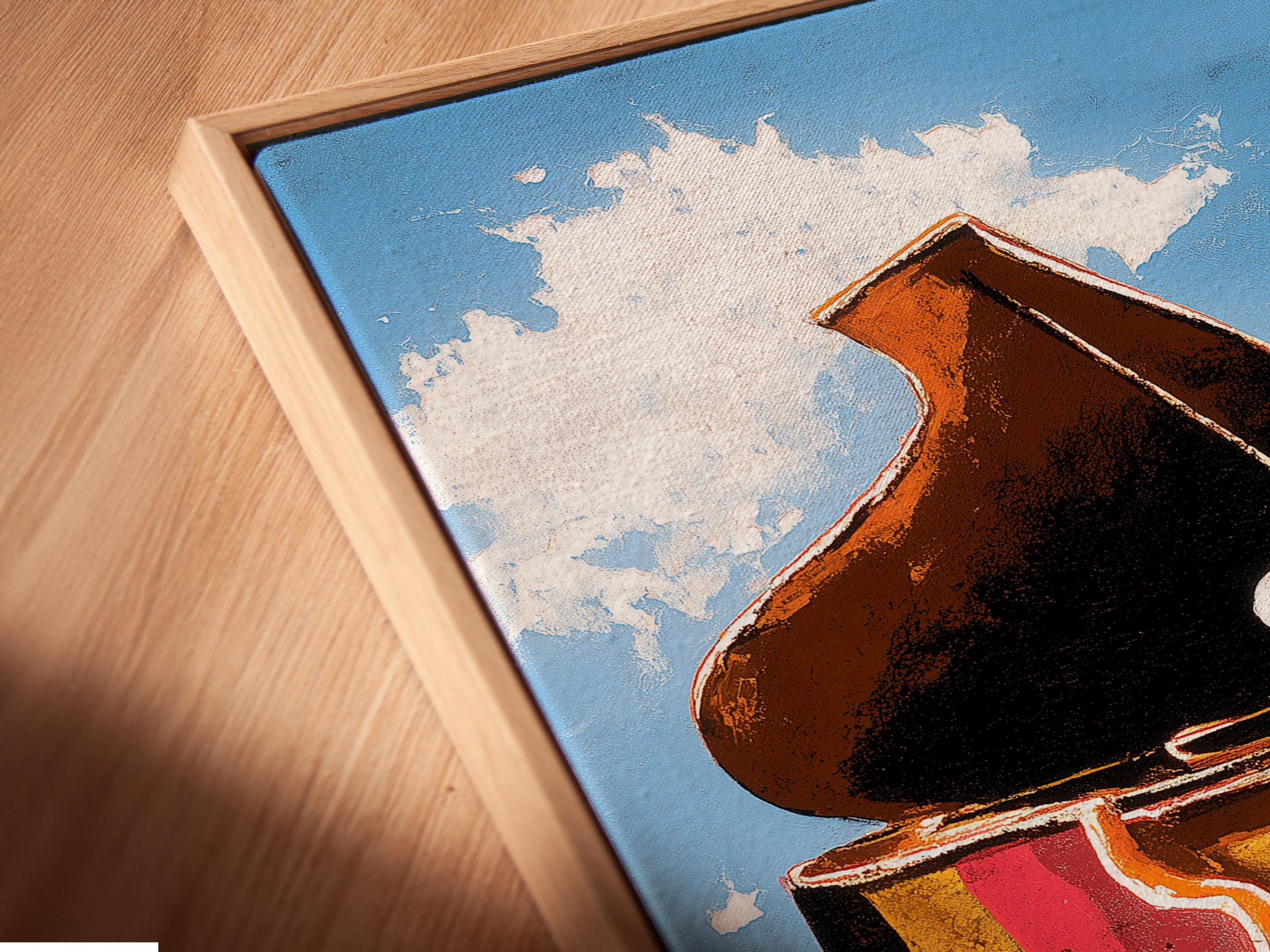 Room mockup showing a framed piano artwork with blue sky and colourful ground bands