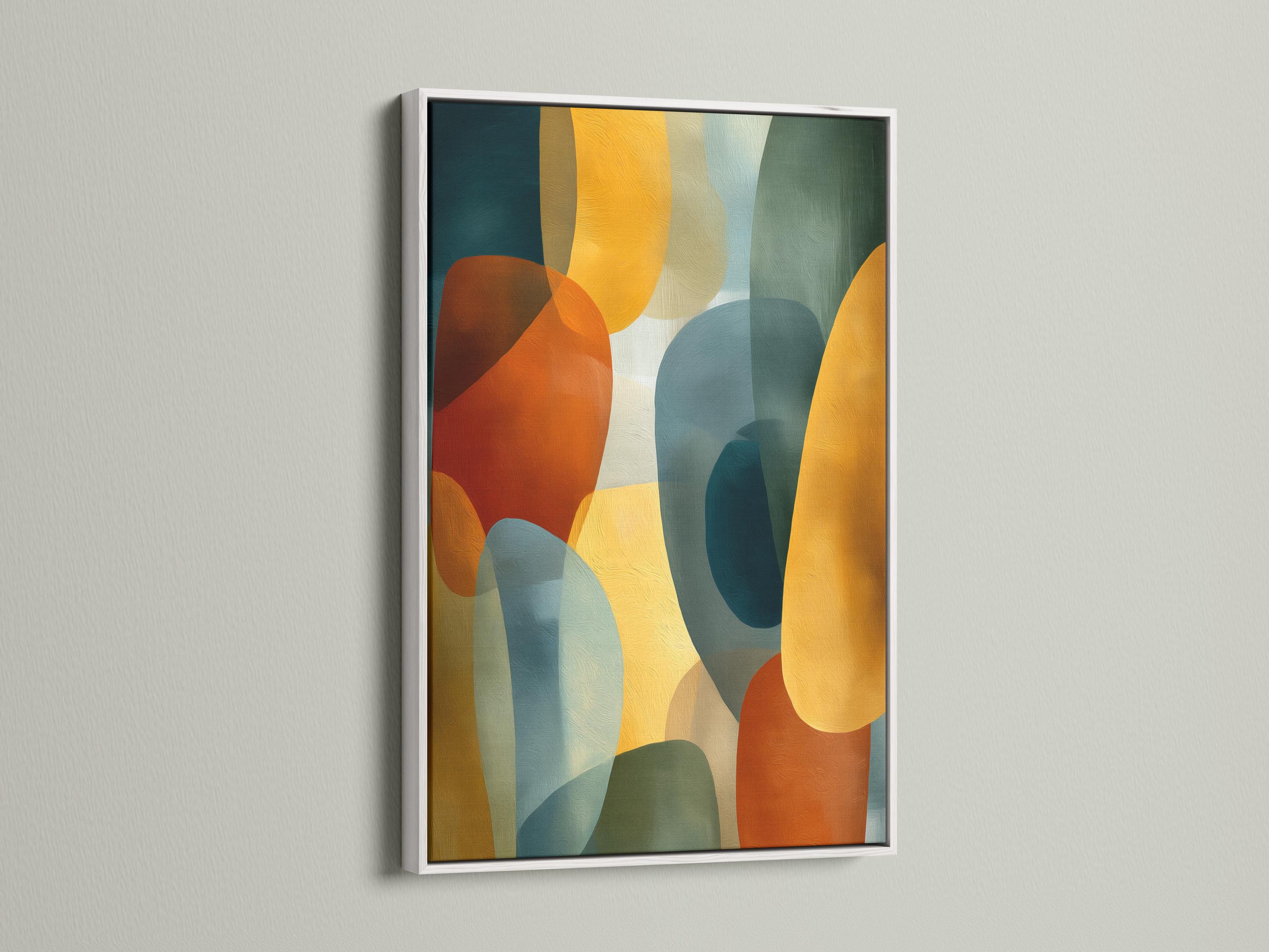 Room mockup showing a framed abstract geometric artwork with teal and mustard shapes