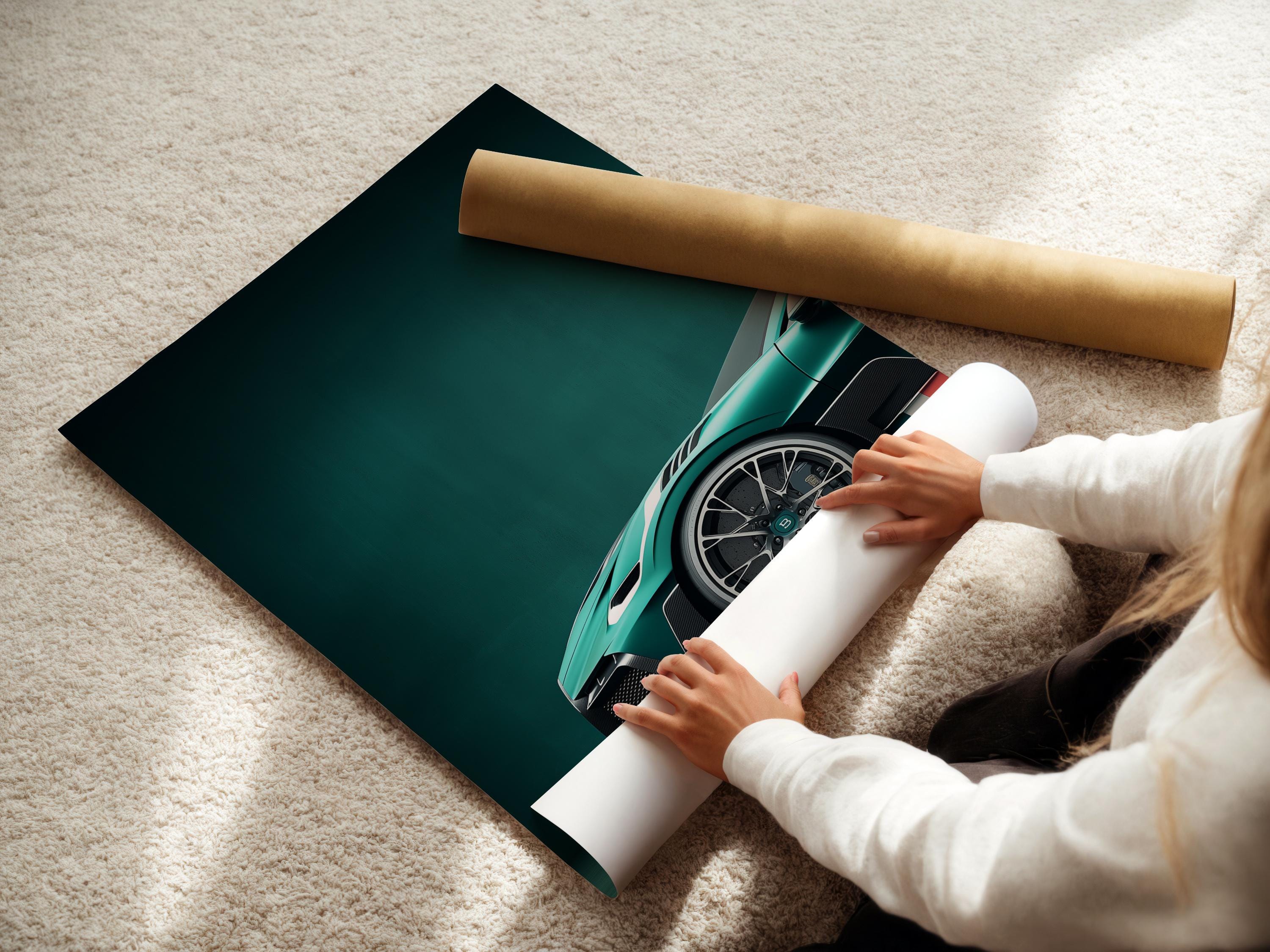 Wall mockup showing a framed teal sports car artwork with smaller preview thumbnails
