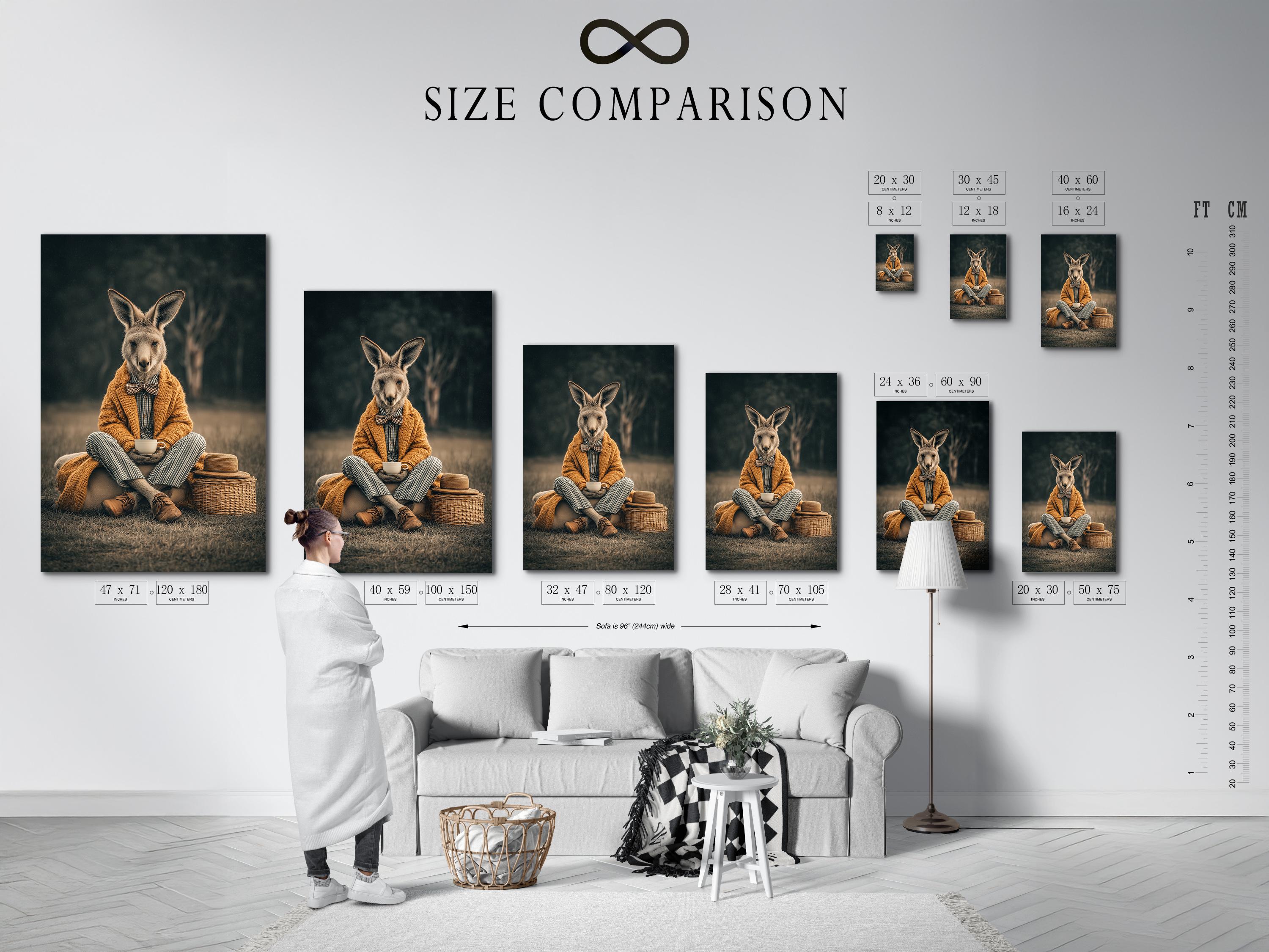Framed kangaroo gentleman portrait artwork mockup on a light background with frame options