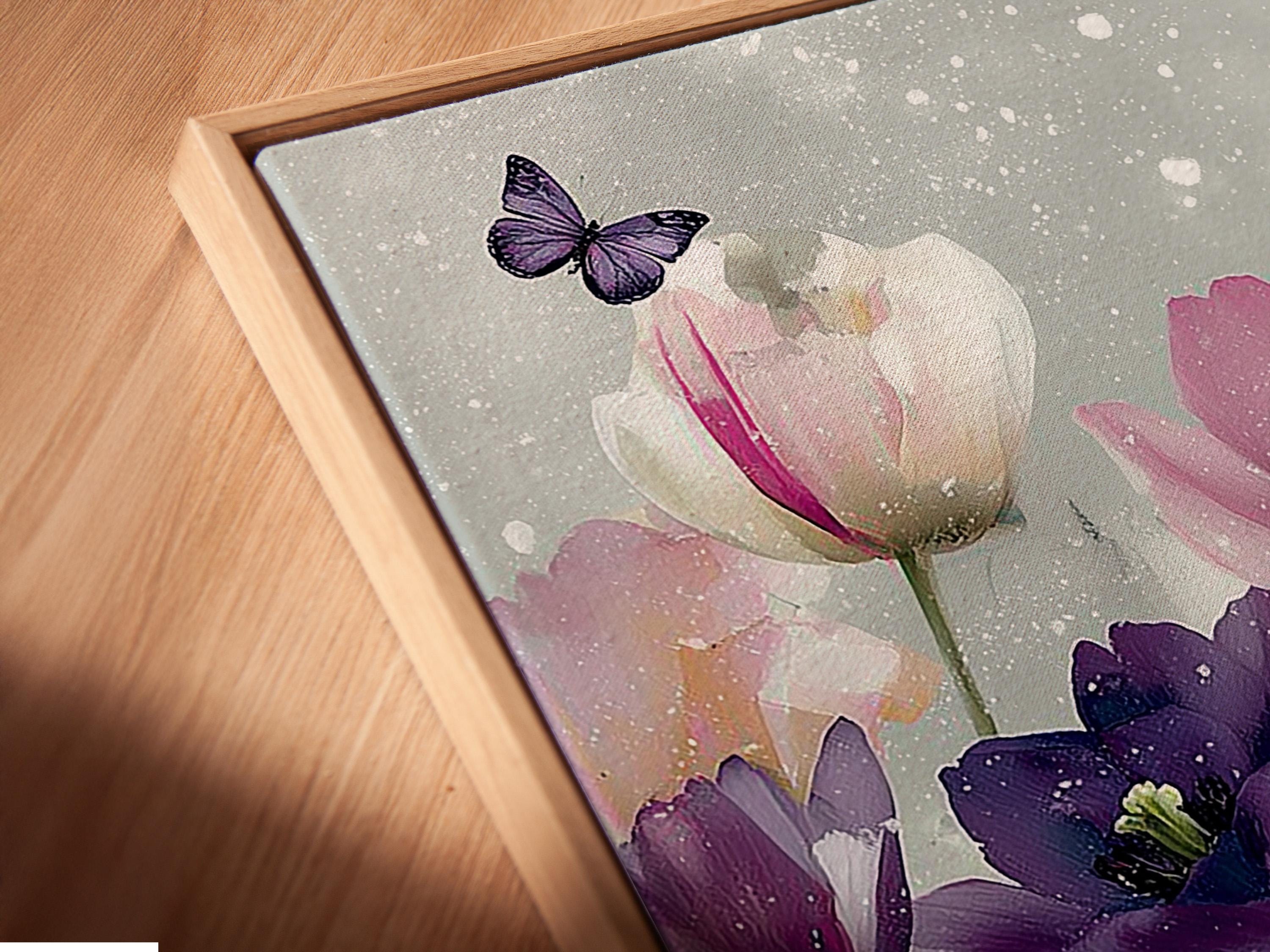 Tulip bouquet with butterflies in blush pink and purple on a pale speckled background detail view