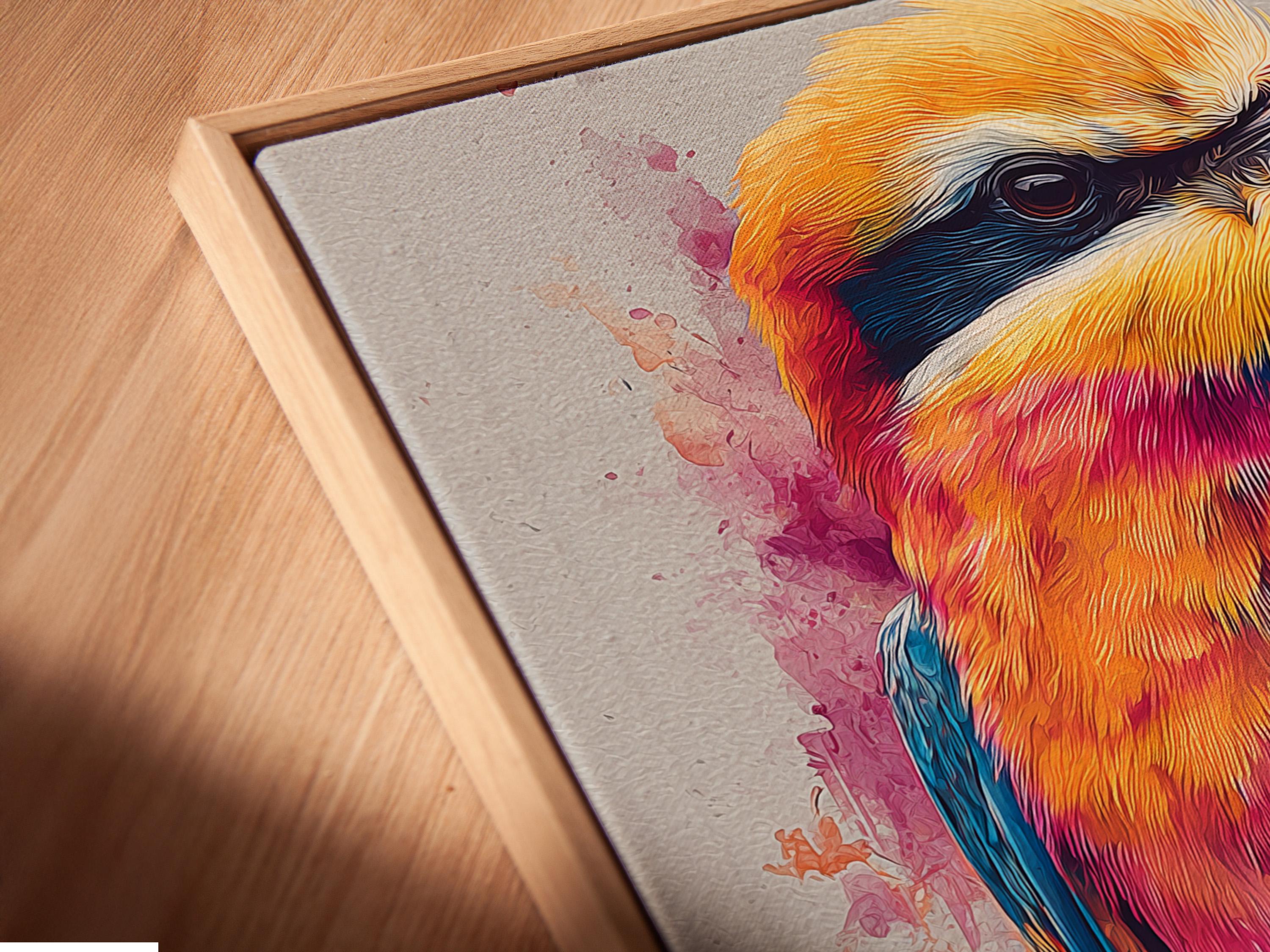 Colourful stylised bird in orange, pink and turquoise with splatter washes on a light background detail view