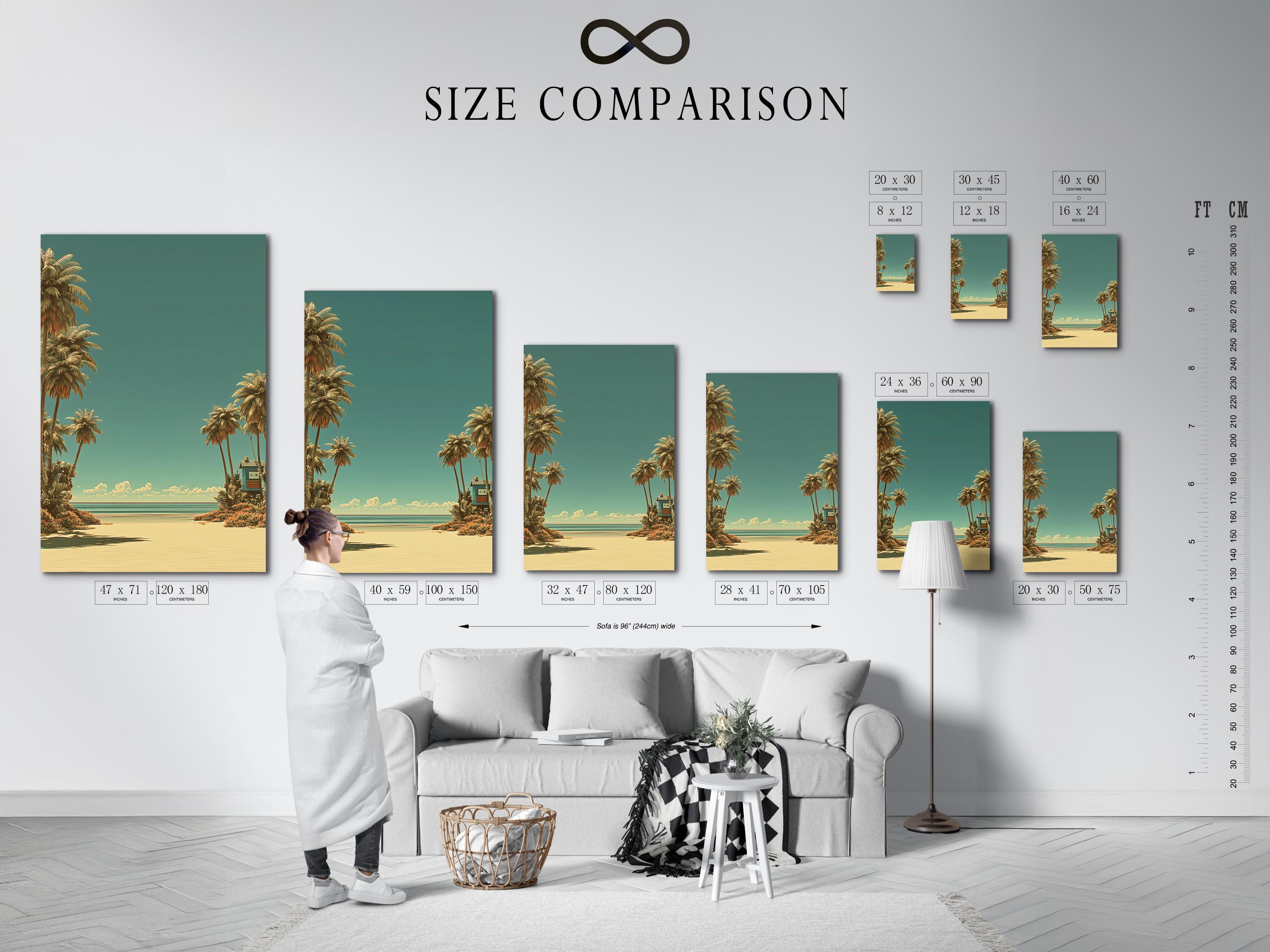 Mockup showing a framed tropical beach artwork on a wall