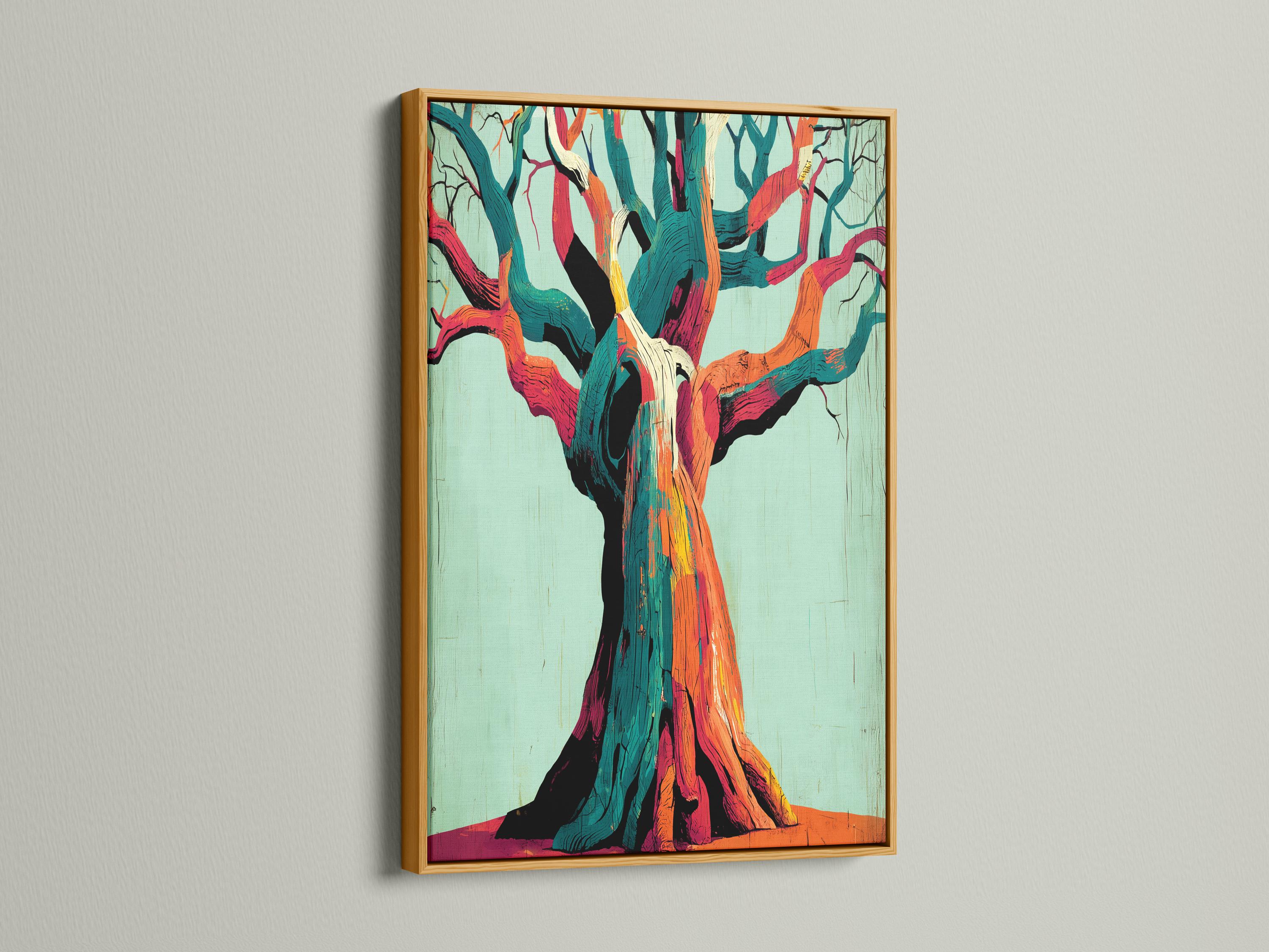 Stylised abstract tree with teal, orange and magenta branches on a pale mint background detail view