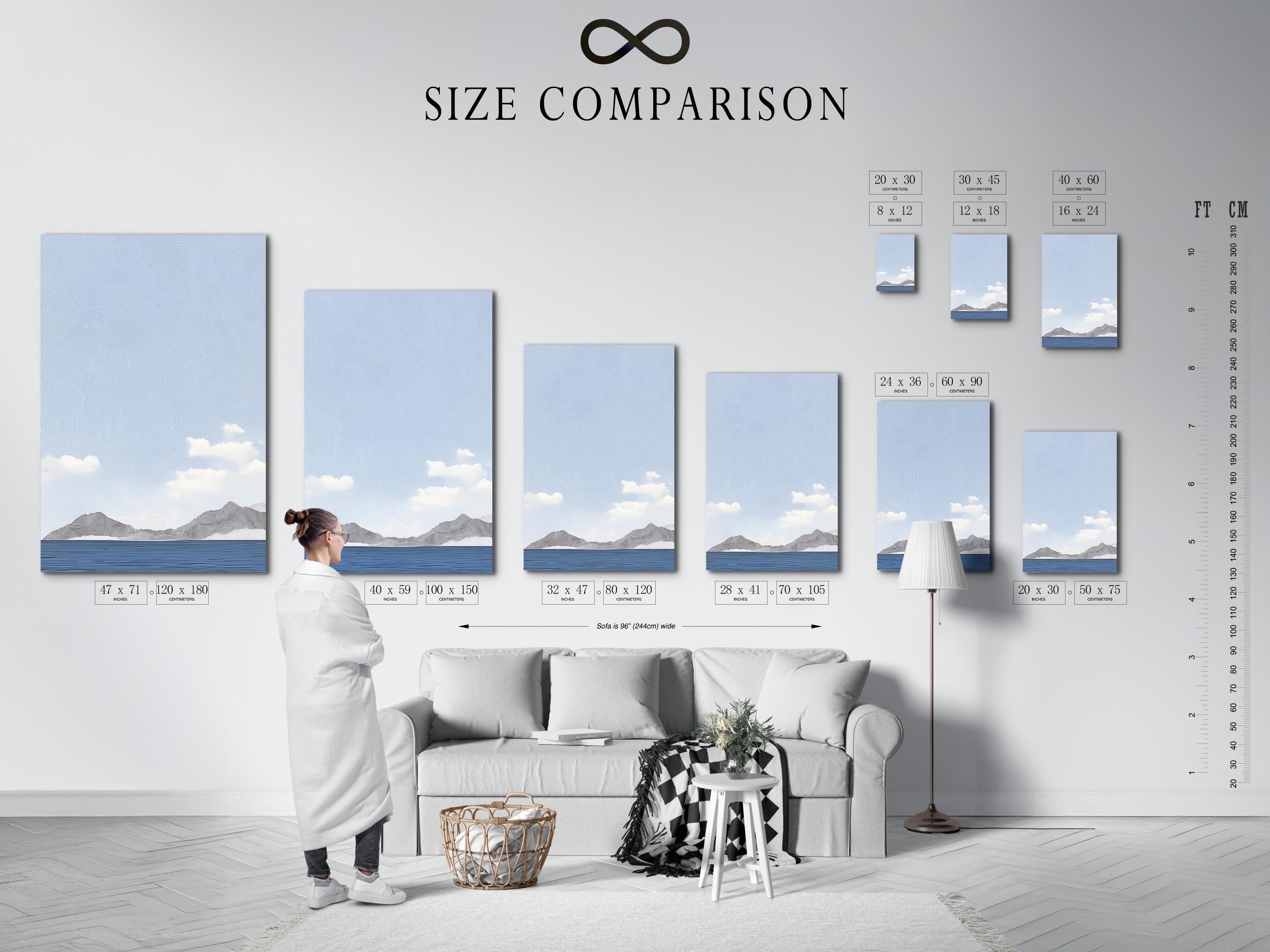 Room mockup showing a framed light blue minimalist seascape artwork with clouds and mountains