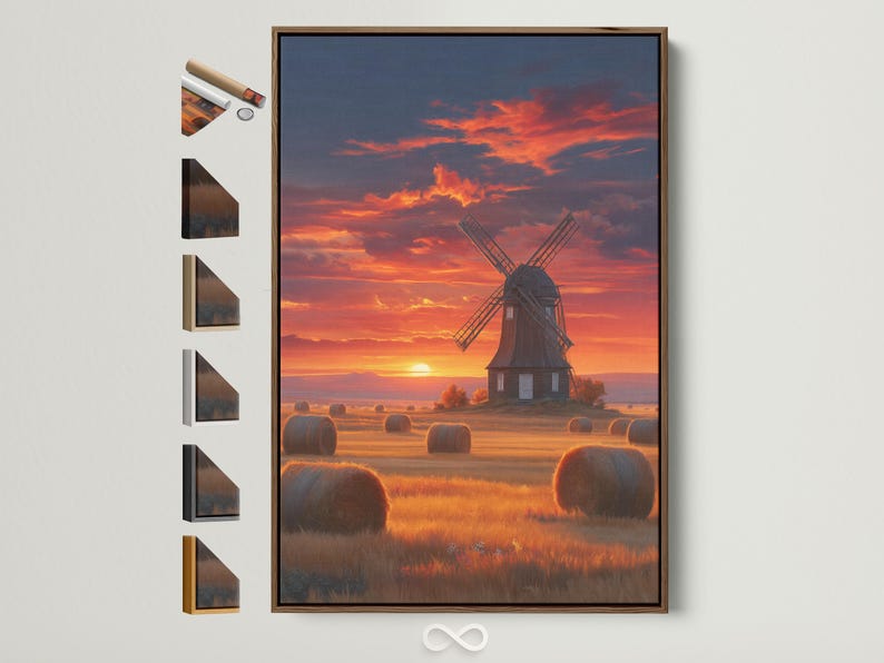 Windmill in a countryside landscape under a glowing sunset sky with hay bales