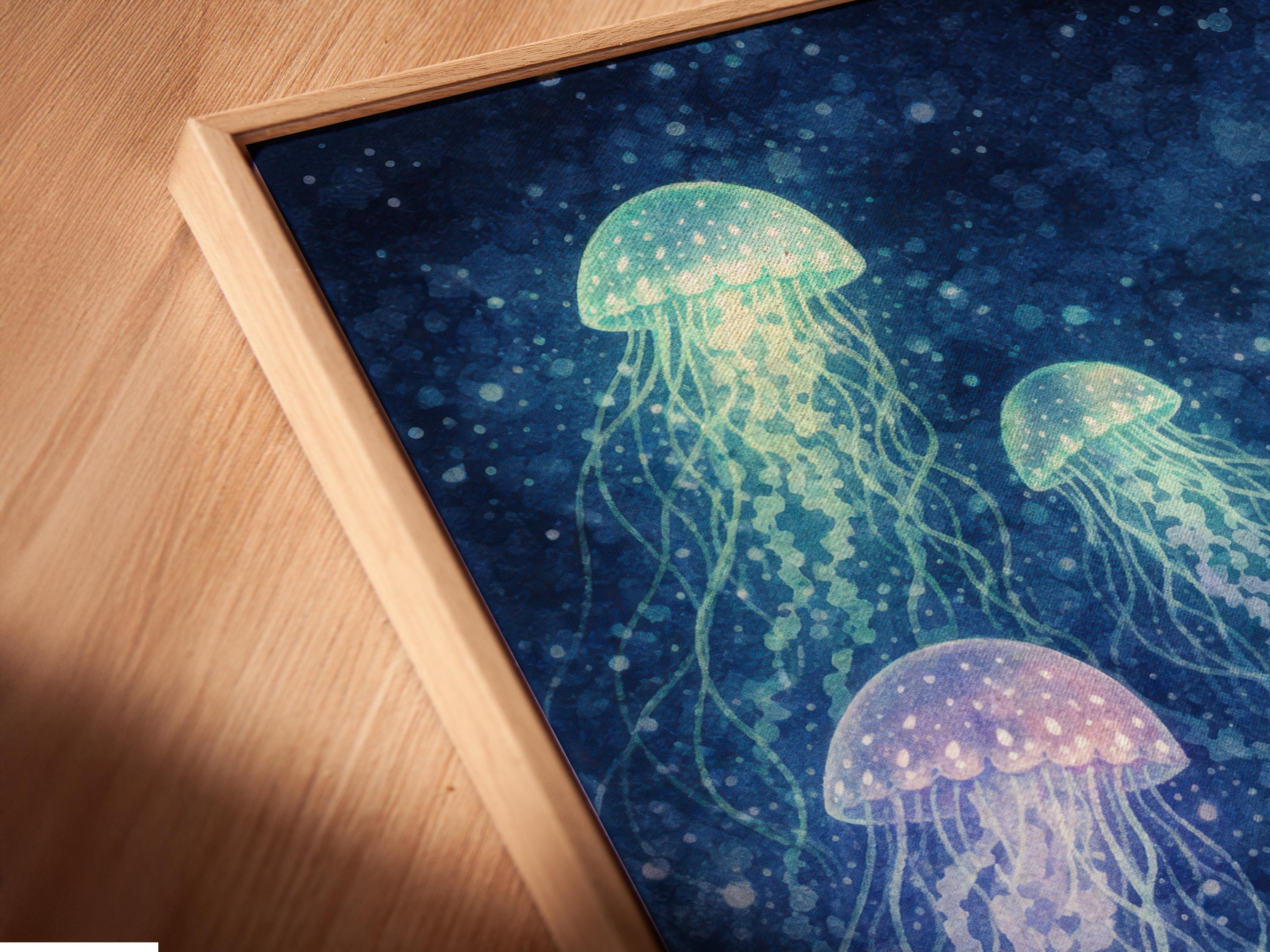 Glowing jellyfish in deep blue water with mint, aqua and lilac tones detail view