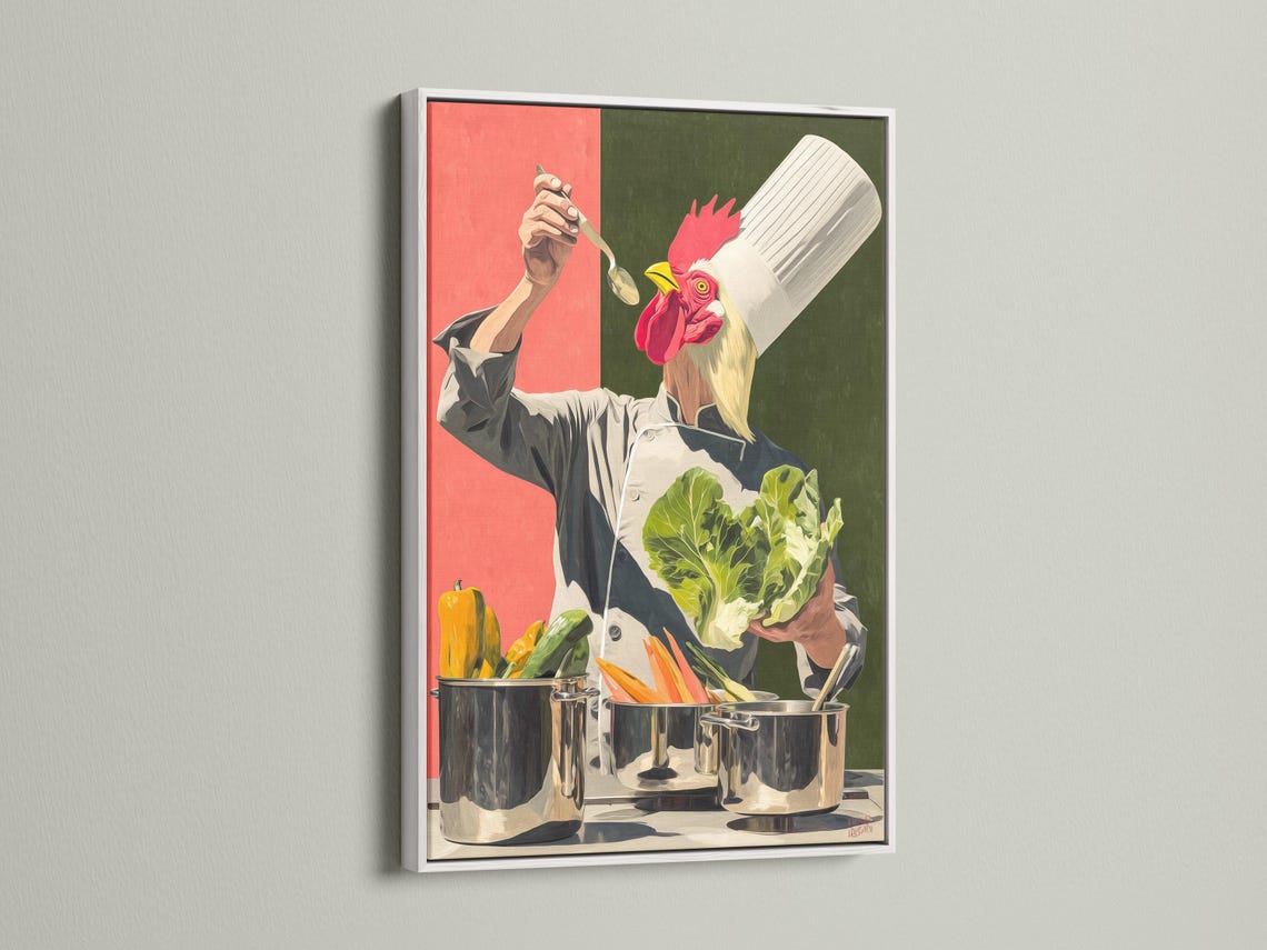 Stylised chef cooking scene with a bright red rooster perched above pots and vegetables detail view