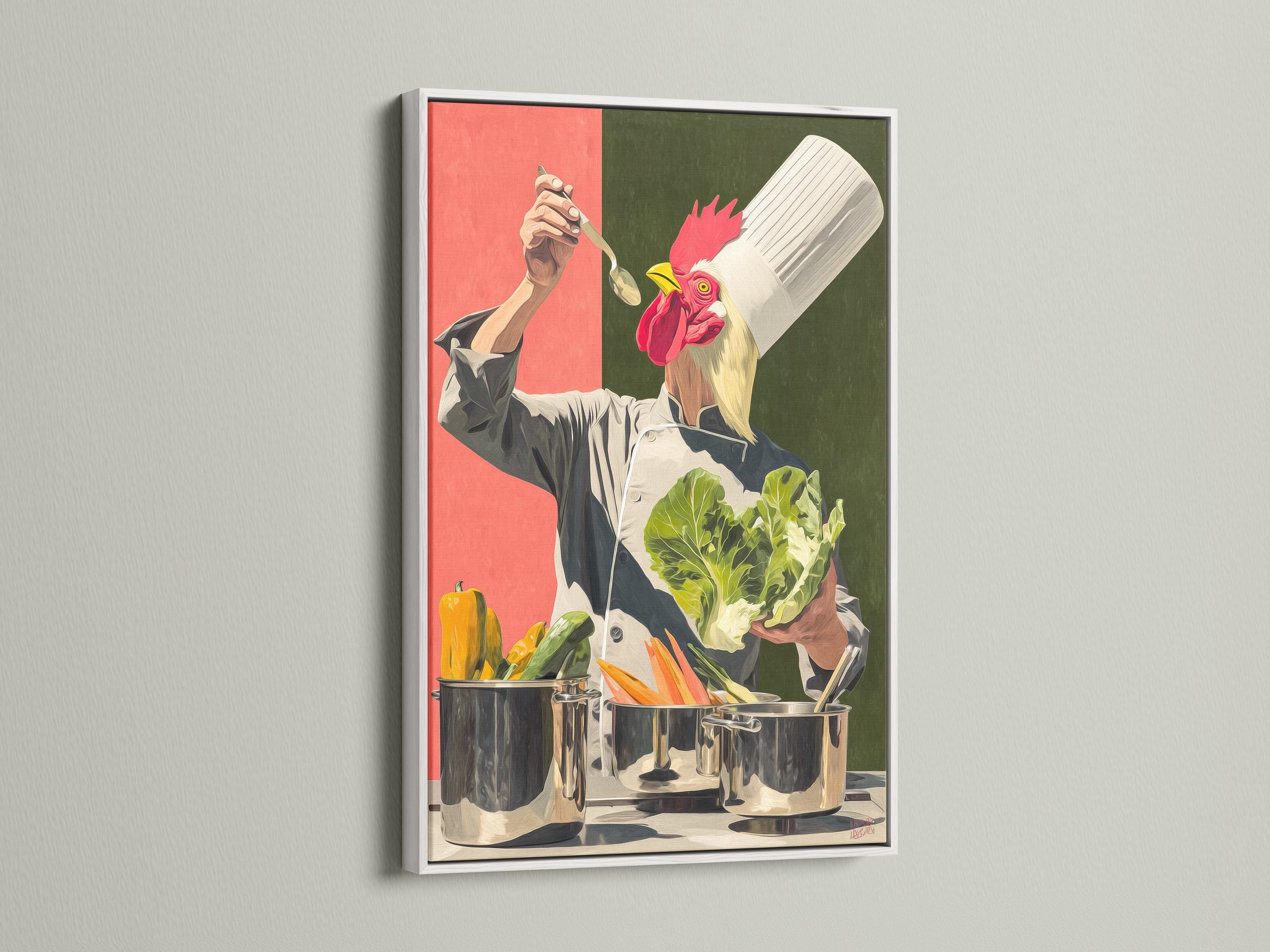 Stylised chef cooking scene with a bright red rooster perched above pots and vegetables detail view