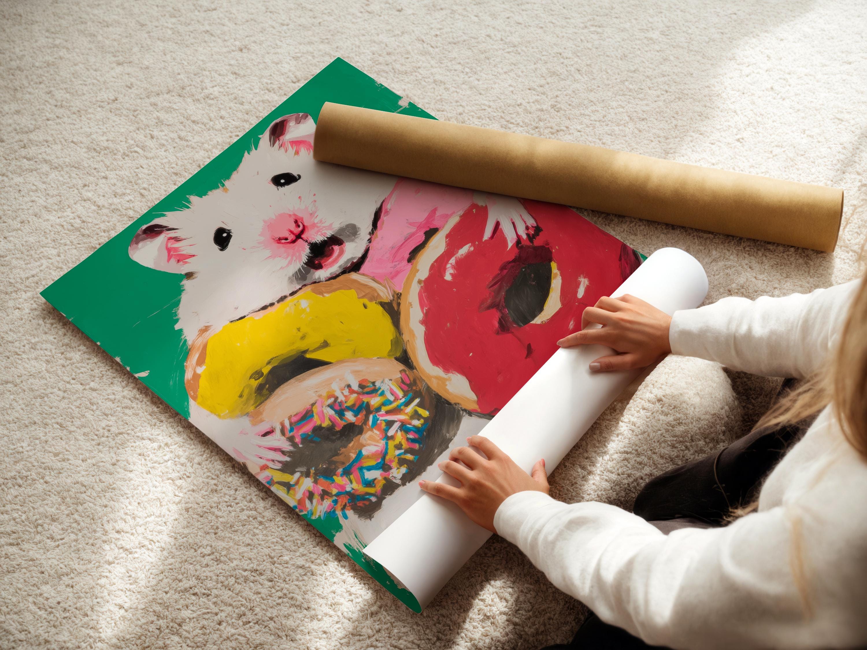 Cute hamster portrait holding a pink donut on a bright green background detail view
